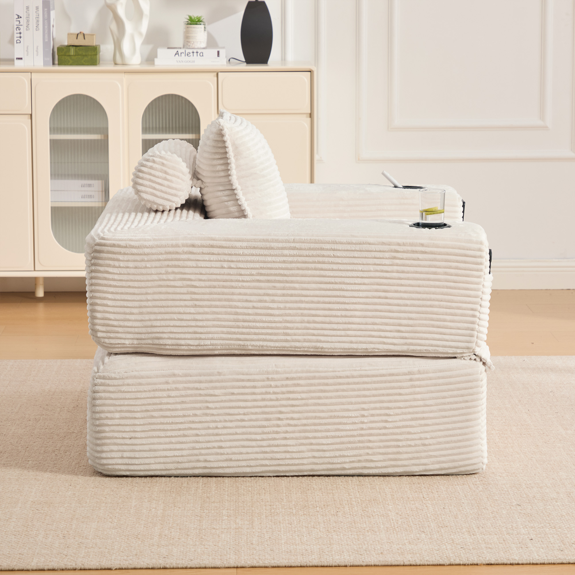 Canapé convertible 2 places en velours côtelé beige avec dossier en mousse à mémoire de forme et tiroir intégré