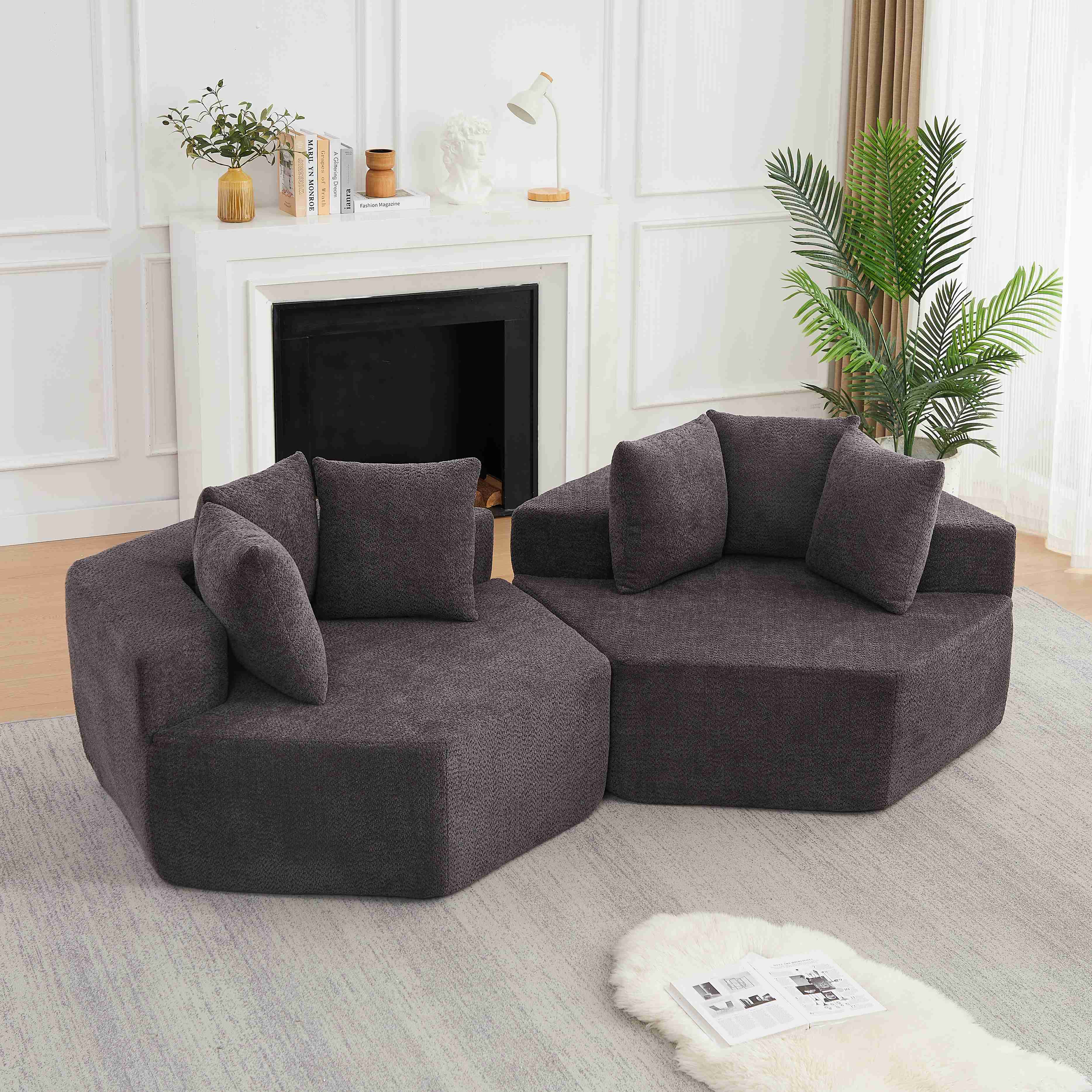 Fauteuil hexagonal gris en tissu chenille, module de canapé une place avec coussins et structure à ressorts pour salon moderne