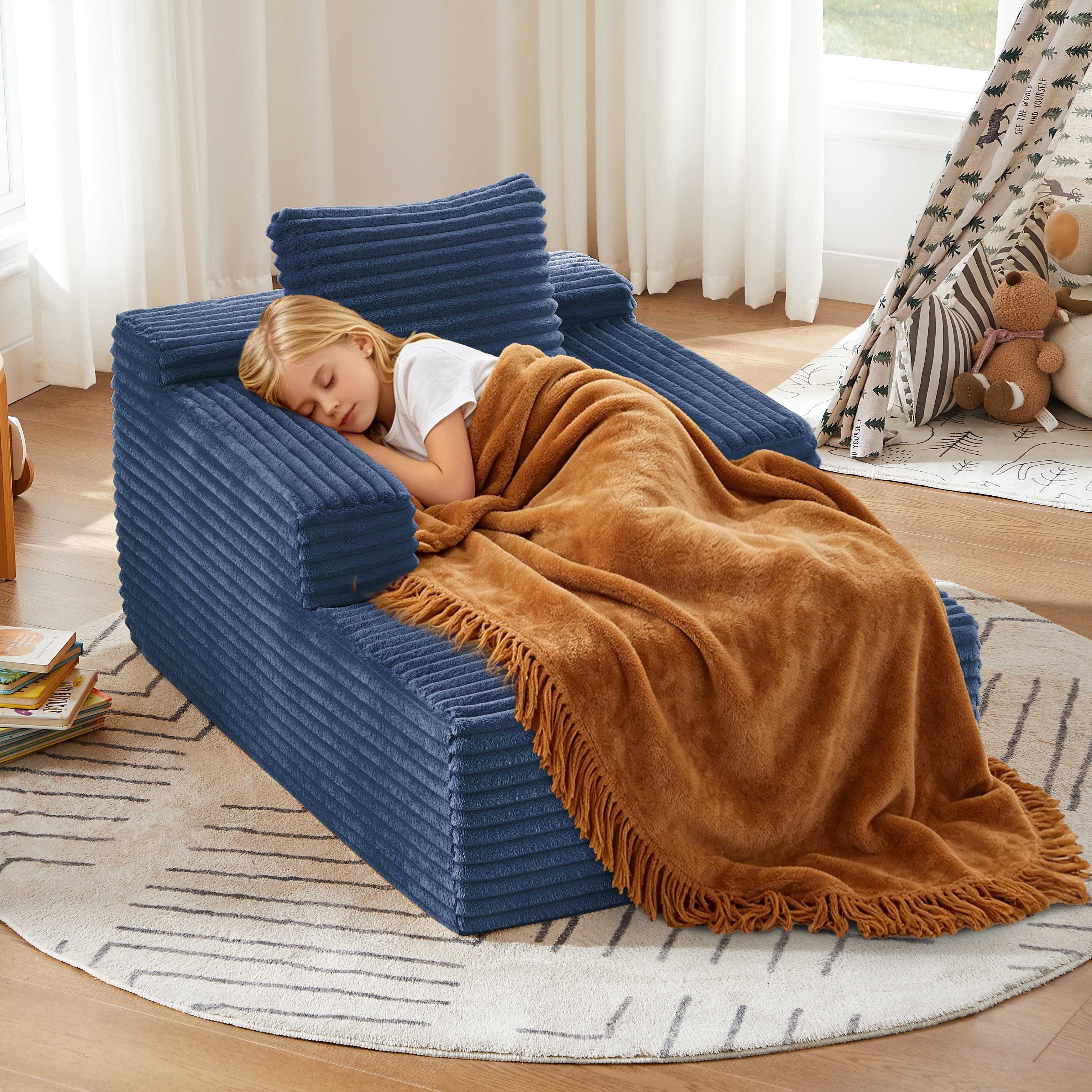 Méridienne Bleu Canapé Moderne en Velours Côtelé Salon Design Compact