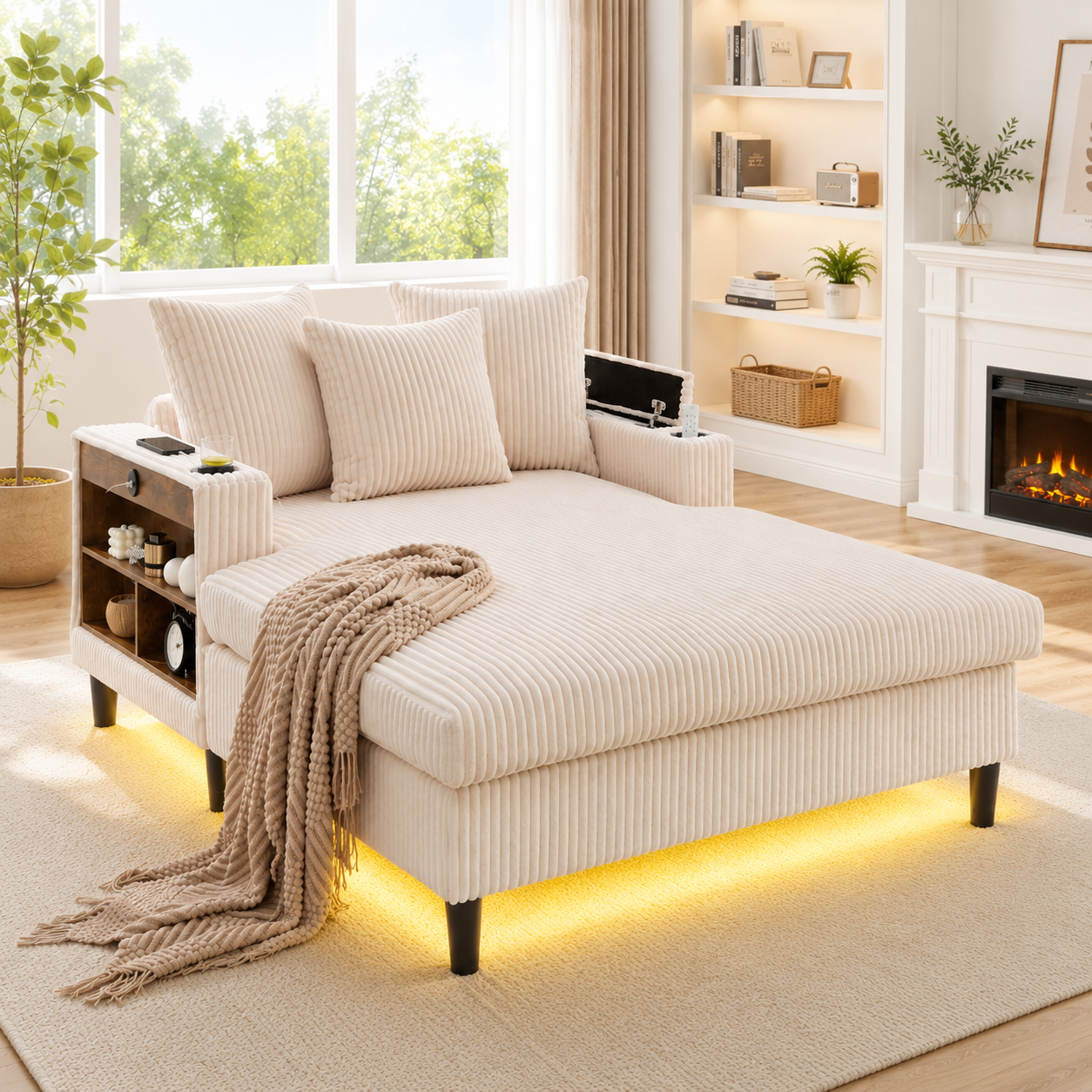 Canapé convertible en velours côtelé beige, structure stable avec pieds en plastique et rangement intégré