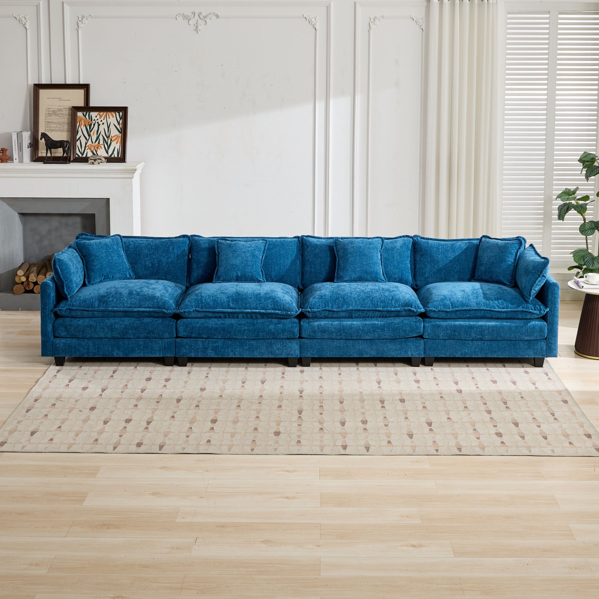 Canapé 4 places 380 cm de large en chenille bleu, canapé modulable pour salon et chambre avec coussins d'appui