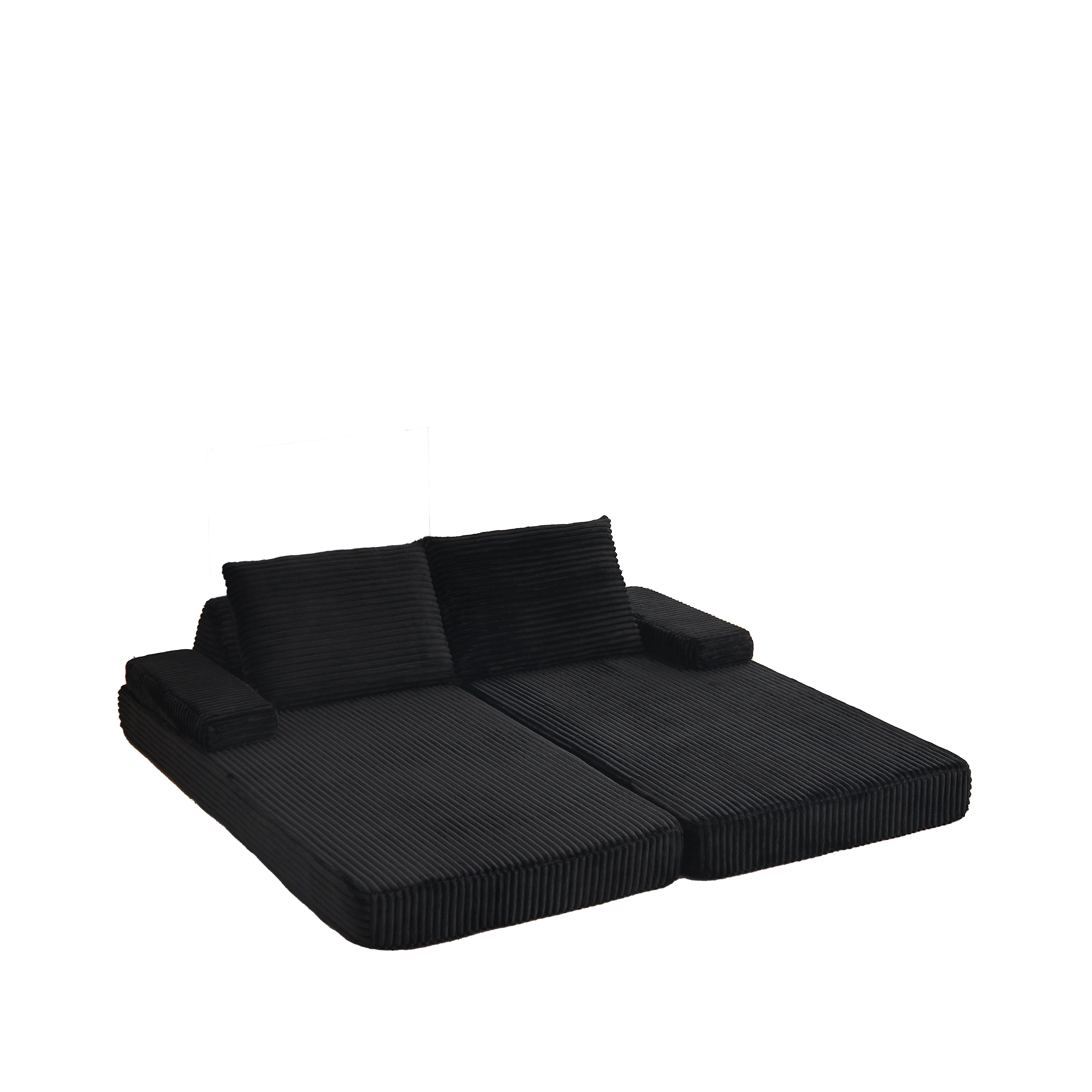 Canapé Convertible Noir en Corduroy 211x107cm, Modulable avec Dossiers Triangulaires et Coussins Amovibles pour Salon ou Chambre Moderne