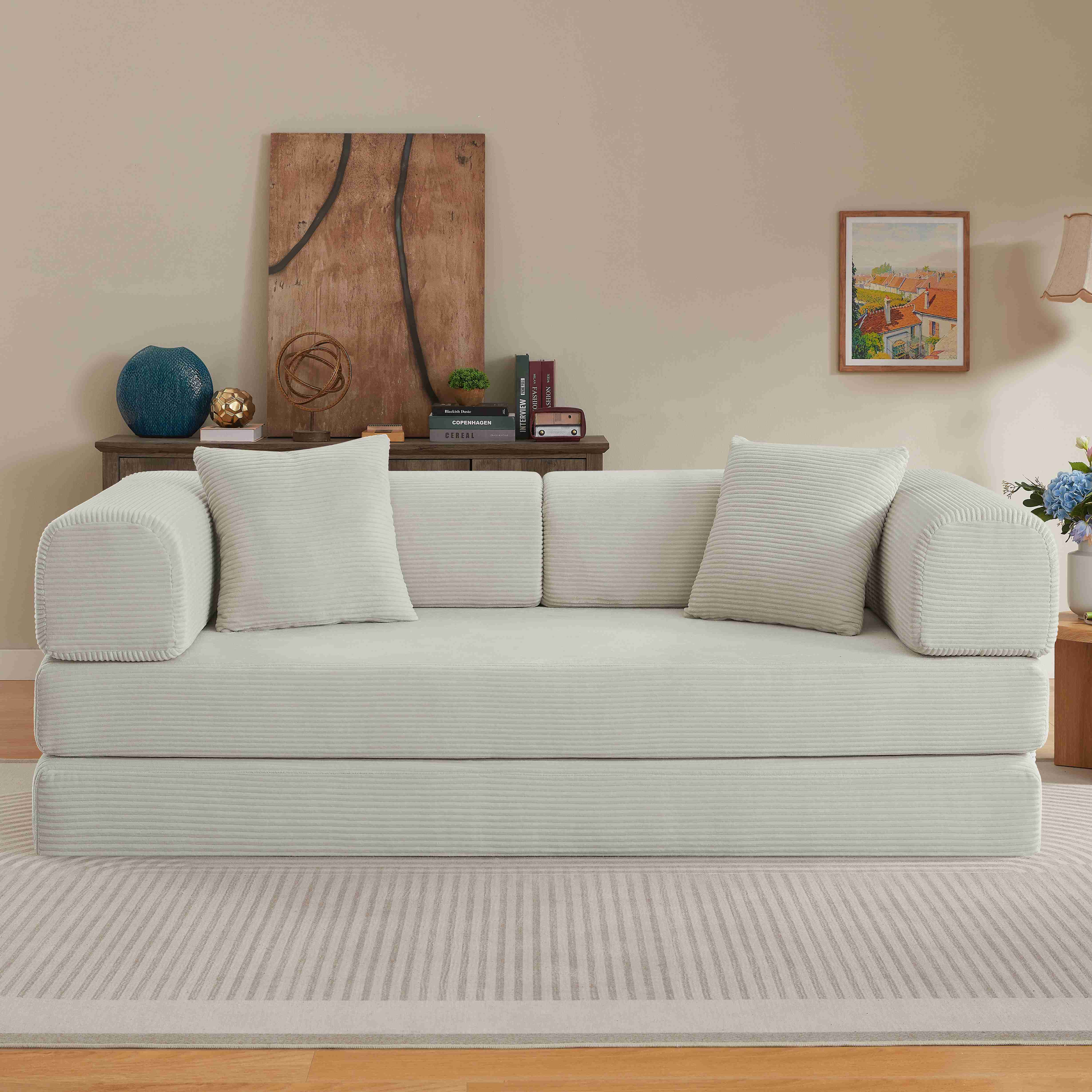 Canapé-Lit Sol en Tissu Côtelé Beige Rembourré Mousse, Cadre Métallique Chromé Robuste, Design Minimaliste pour Intérieur