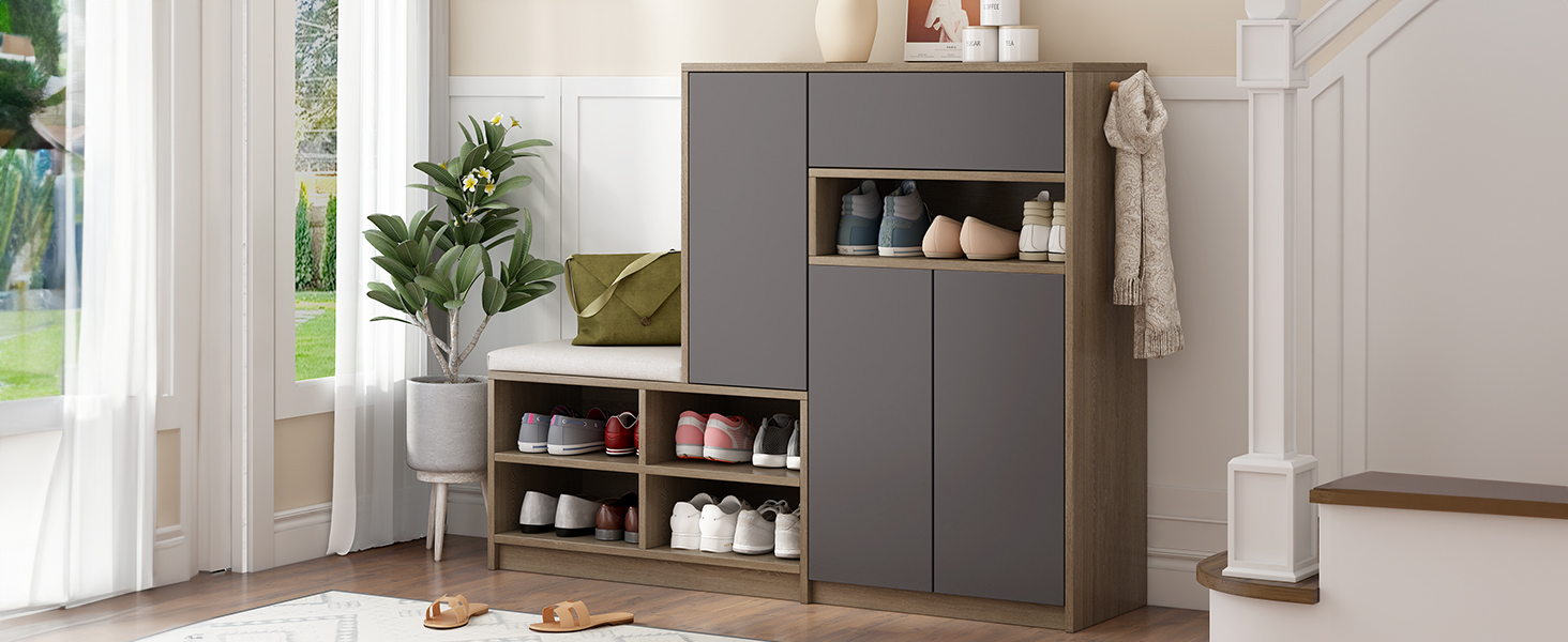 Banquette meuble à chaussures avec coussin confort et portes sans poignée, capacité 20 paires, rangement flexible gris