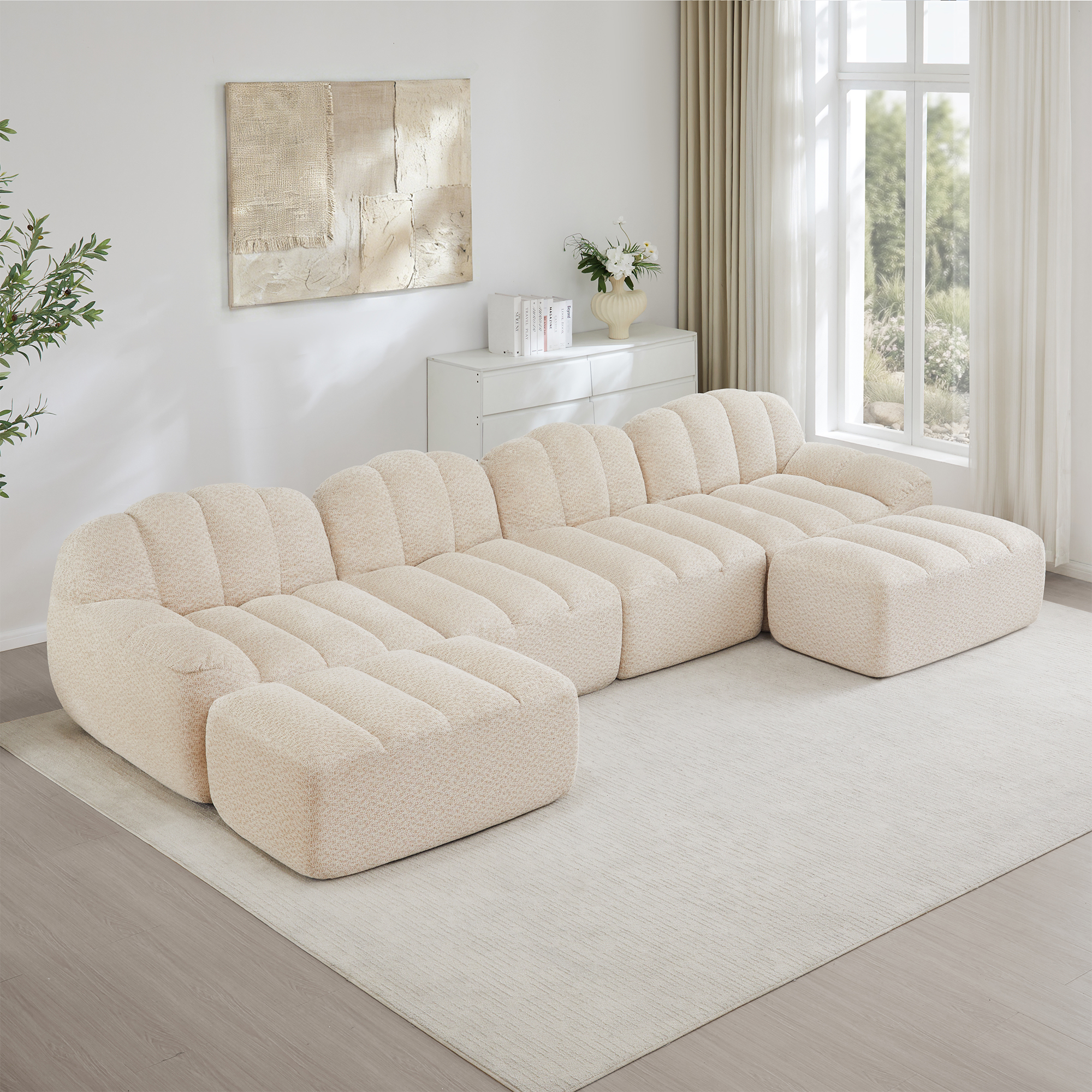 Canapé Modulable 4 Places En Forme De U Avec 2 Ottomans, Tissu Granuleux Beige Blanc, Design Sans Dossier Pour Salon Moderne