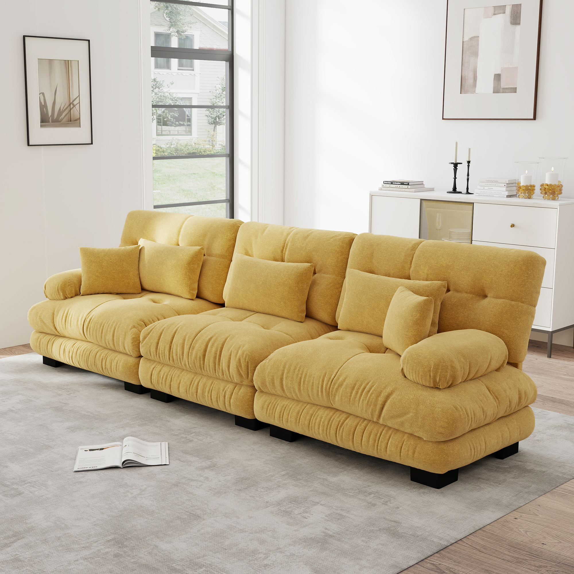 Canapé modulable 3 places avec assise profonde et dossier ergonomique, tissu Chenille jaune pour salon moderne et confortable