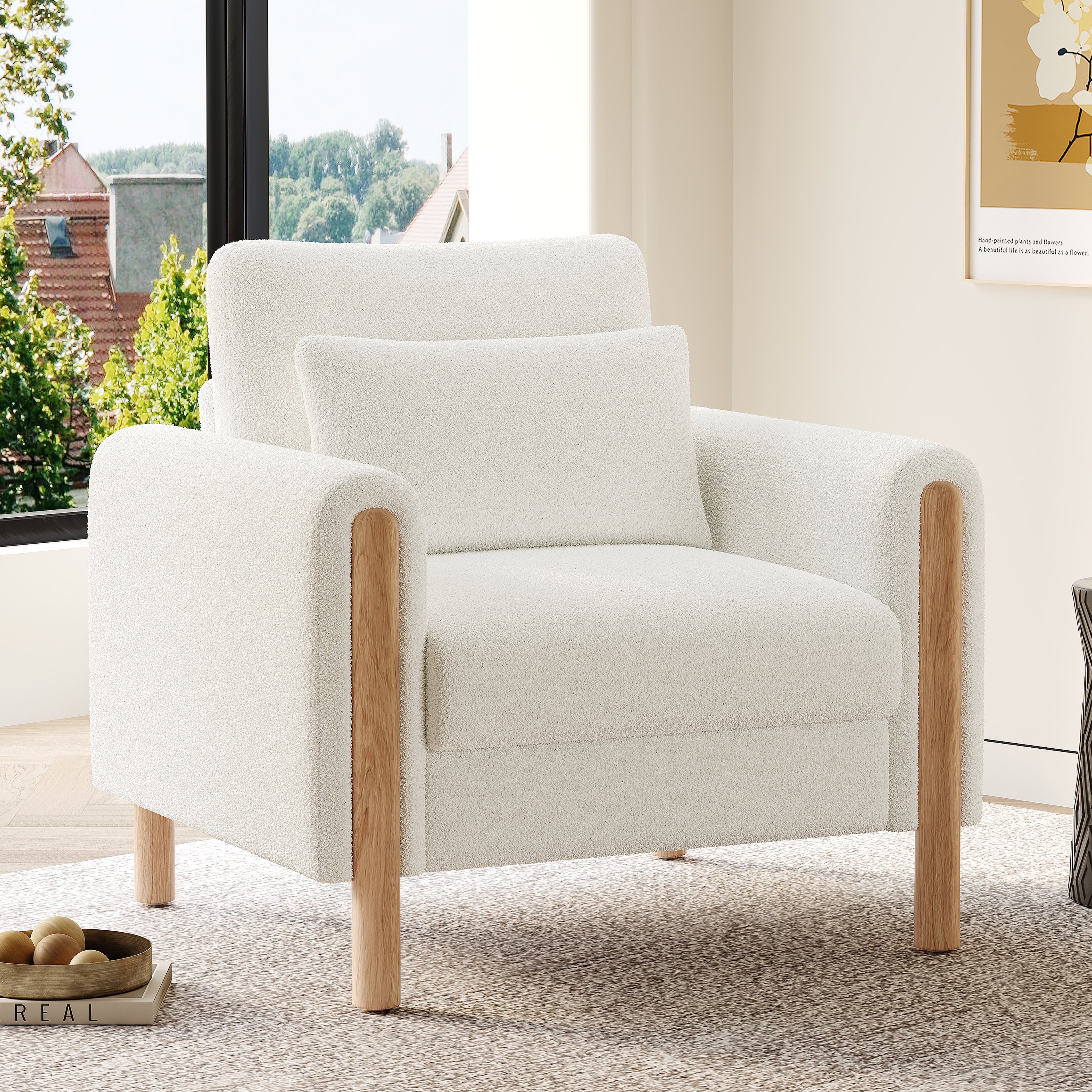 Canapé 1 place rembourré avec coussin amovible et structure bois massif, teddy blanc, charge 150 kg