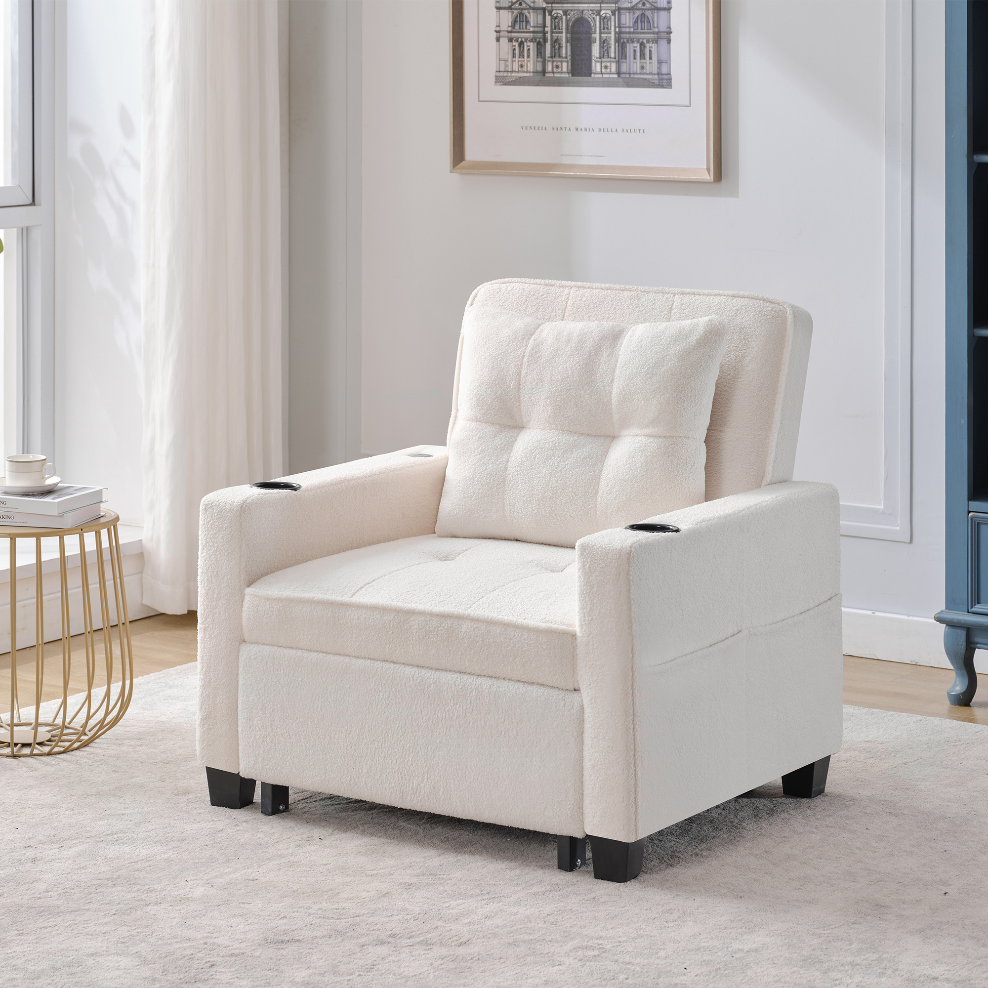 Fauteuil Convertible Structure Métal et Bois - Revêtement Rembourré Blanc avec Tiroir de Rangement
