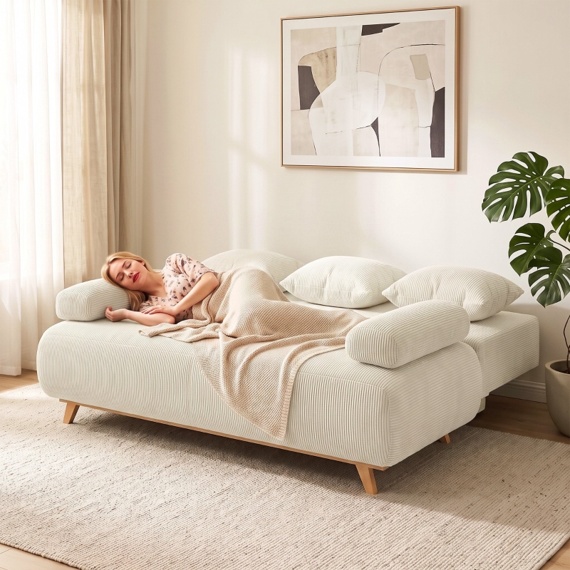Canapé-lit beige en tissu côtelé avec rangement caché, structure en bois massif et pin, dimensions 188x100x84 cm pour usage quotidien