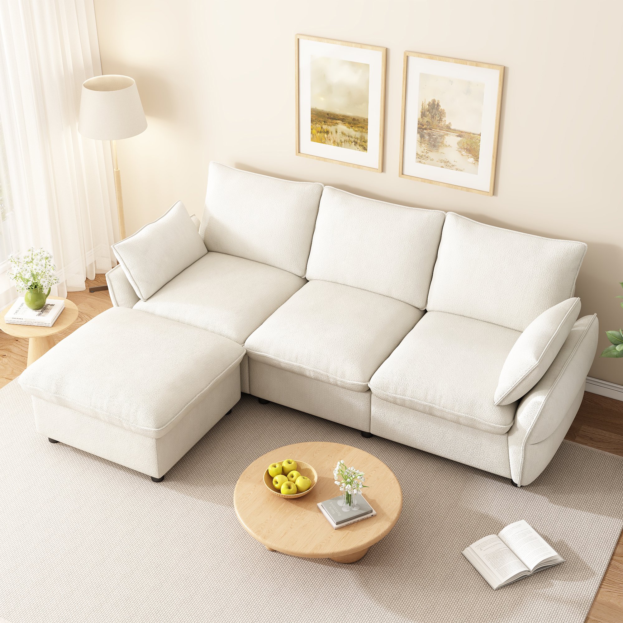 Canapé d'angle 3 places beige en chenille avec ottoman et coussins, structure L pour salon moderne, dimensions 222,5 x 154,5 x 76,5 cm