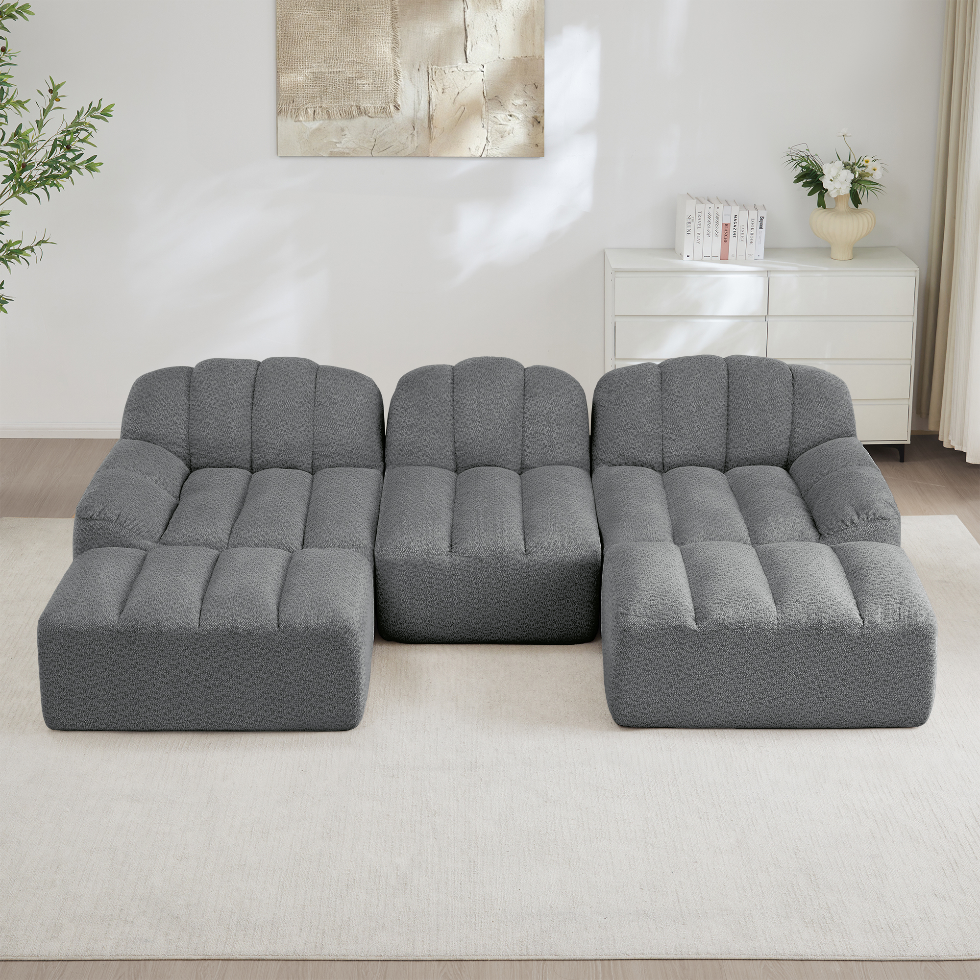 Canapé Salon Familial En U Avec Coffre De Rangement, Canapé Modulable 3 Places Tissu Fleece Gris Profond Et Confortable