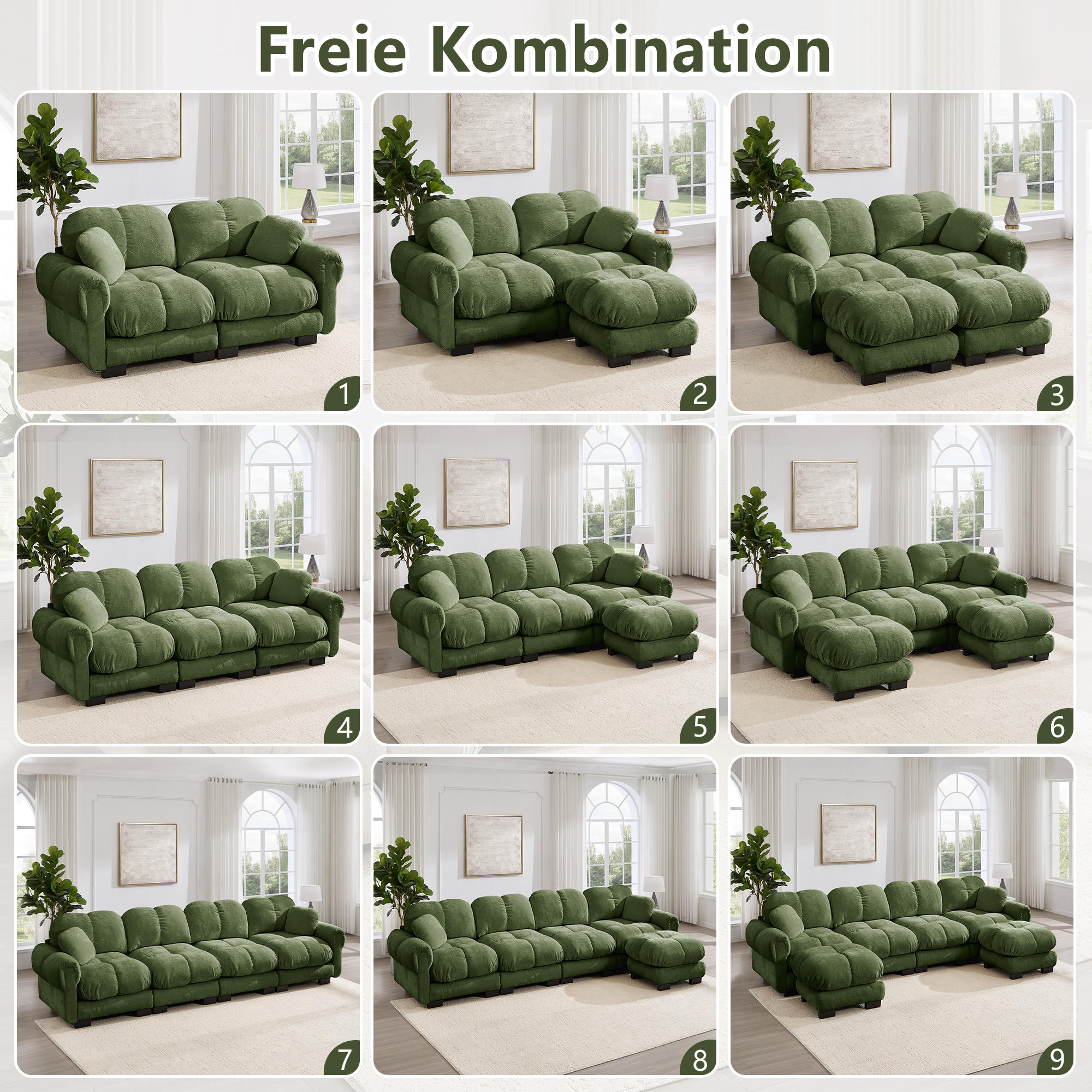Canapé panoramique 2 places en U, Canapé modulable chenille vert, Design élégant avec ottomane mobile pour salon