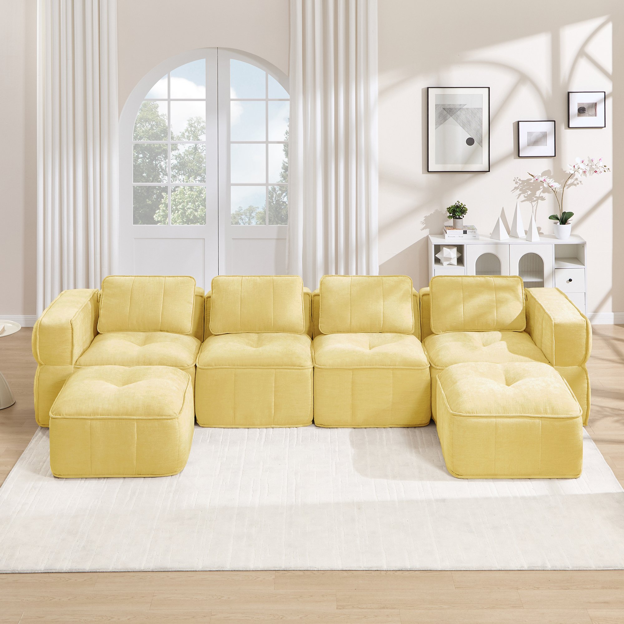 Canapé Modulable 4 Places Jaune en Tissu Polyester avec 2 Poufs, Mousse Haute Densité 32D, Sans Cadre et Prêt à l'Emploi pour Salon Moderne