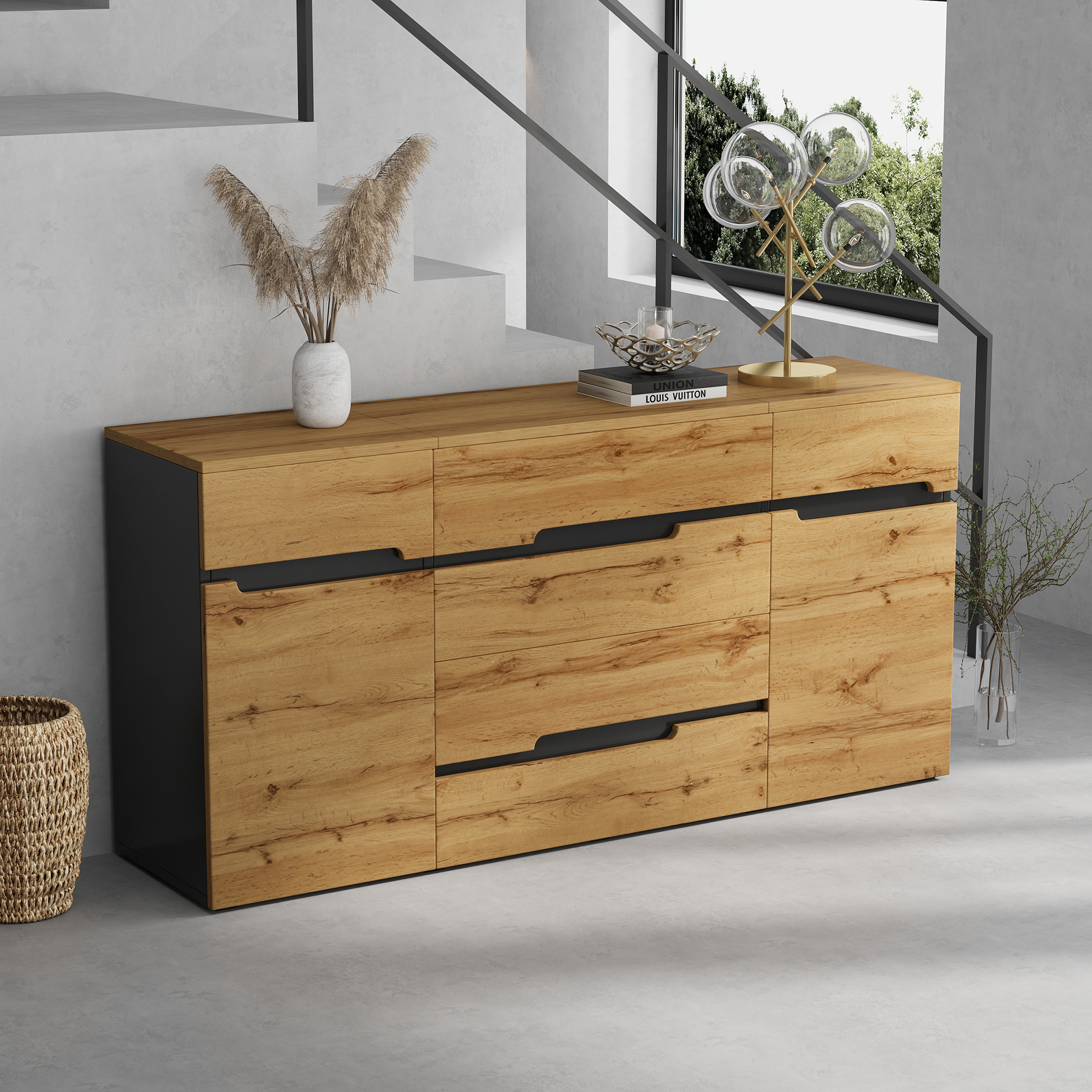 Buffet Moderne 160x40x80 cm avec 2 Portes et 4 Tiroirs, Meuble de Rangement Noir et Bois pour Salon