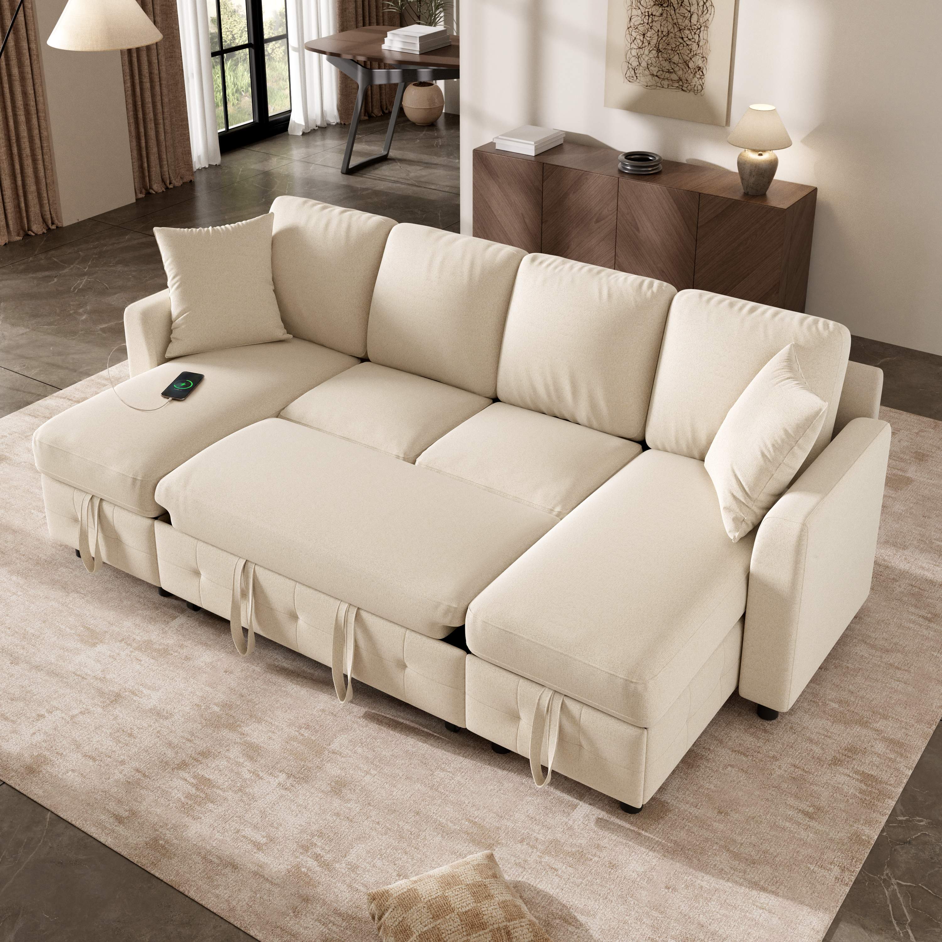 Canapé-lit en U beige chenille 260x128x82 cm avec 2 coffres de rangement dans les chaises longues, ports USB et Type-C, coussins inclus