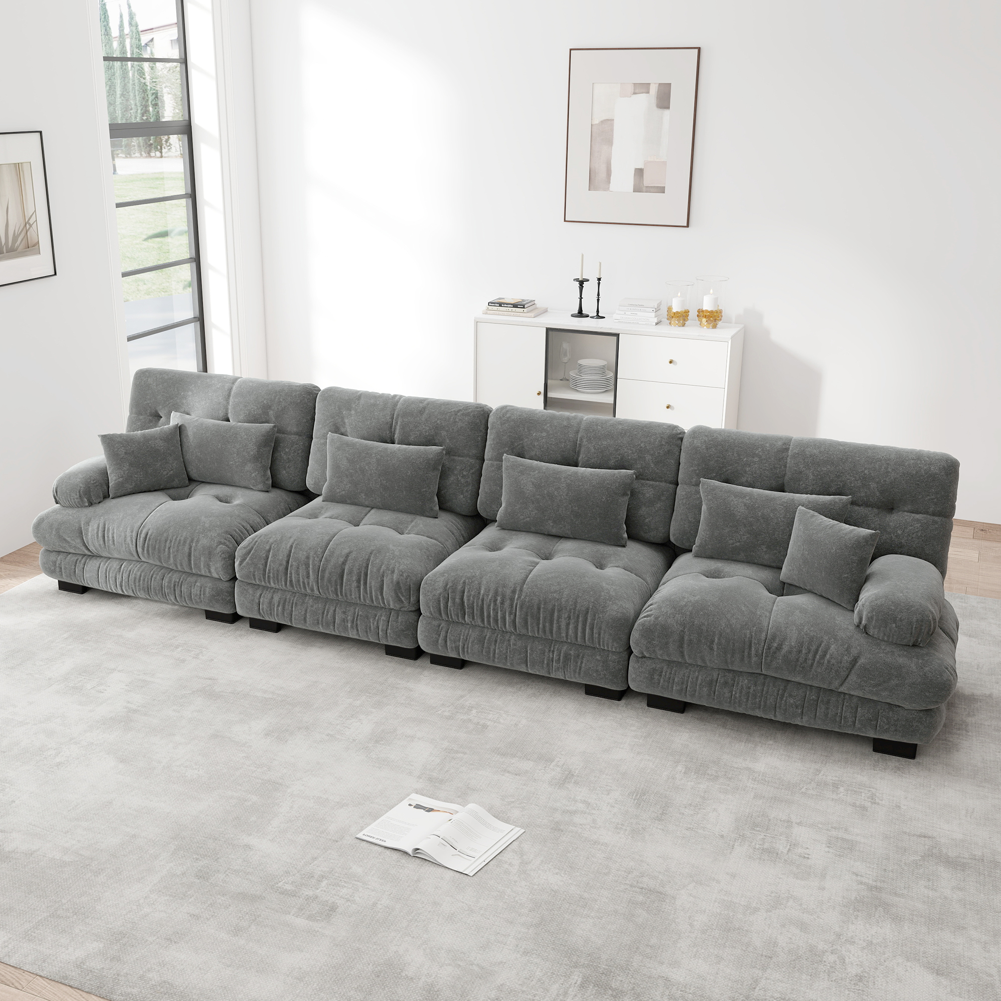 Canapé d'angle 4 places modulable en chenille gris avec assise profonde et coussins d'appoint pour salon