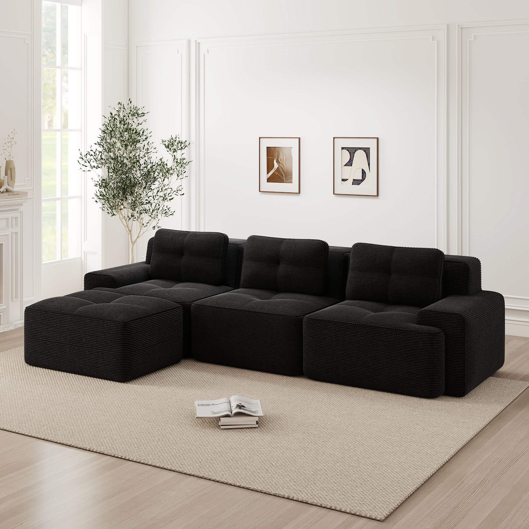 Canapé d'angle modulable 3 places 293x177x69 cm en velours côtelé noir avec ottoman et base antidérapante