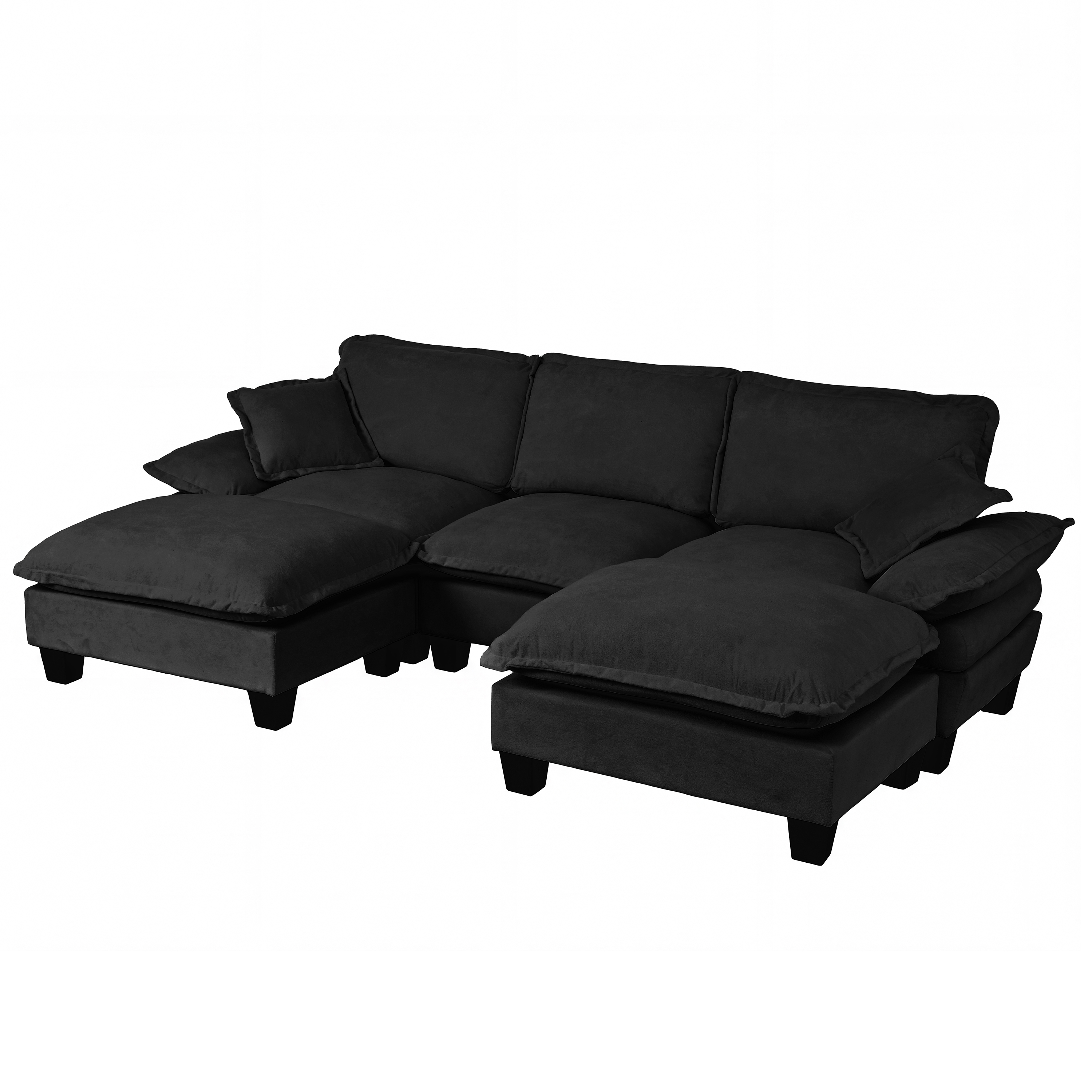 Canapé d'angle modulable en U, Canapé panoramique noir revêtement Chenille, incluant 2 ottomans mobiles et coussins pour salon moderne