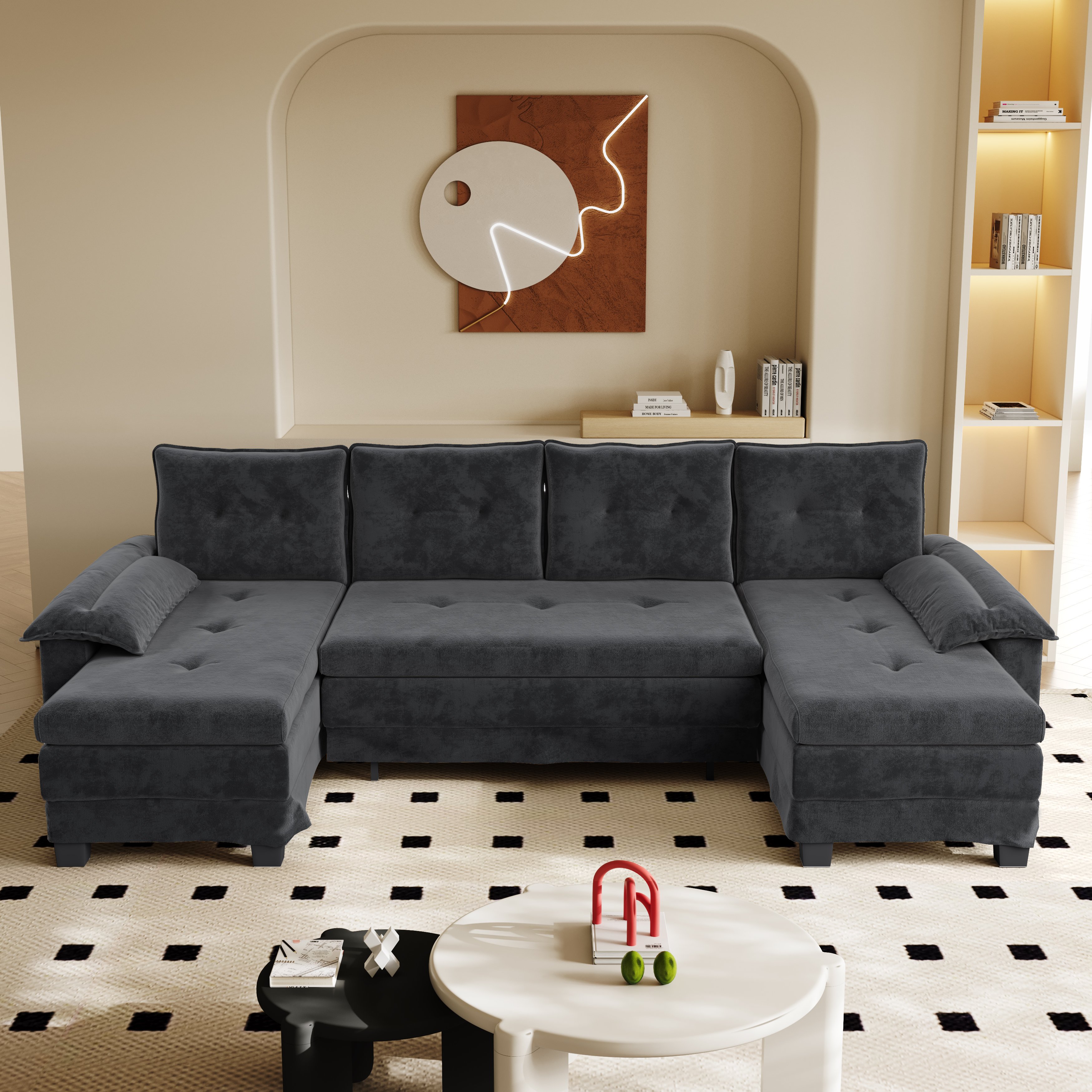 Fauteuil Salon Familial U Forme Chenille Gris Foncé Avec Lit Extra Large Et Chargeur USB Intégré