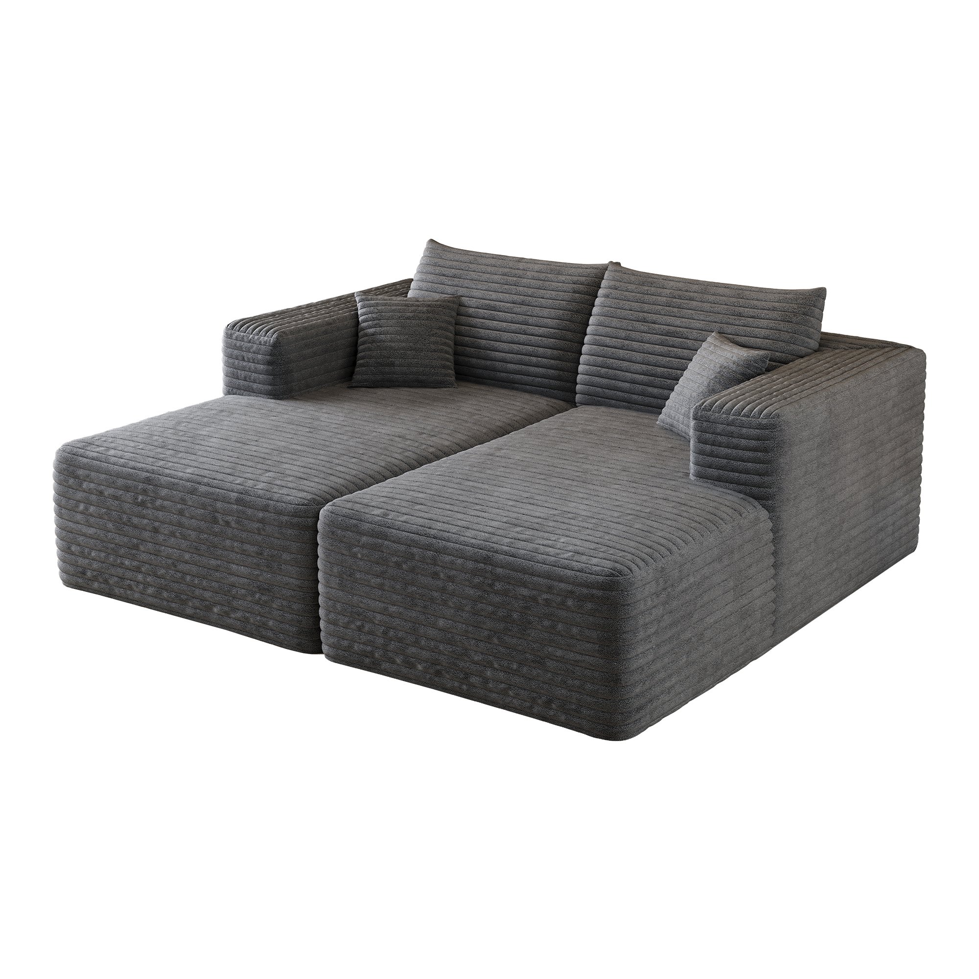 Canapé d'angle en tissu velours côtelé gris anthracite, design minimaliste sans pieds visibles, assise profonde et moelleuse