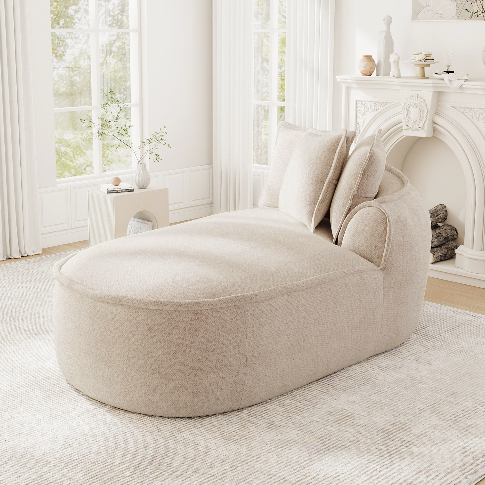 Canapé méridienne droit en chenille taupe clair, structure sans cadre et coussins inclus, 2 modules