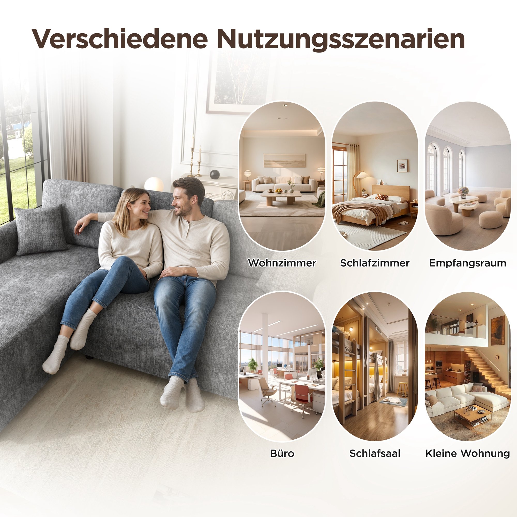 Canapé d'angle 3 places en tissu chenille gris avec méridienne de 144 cm, rembourrage mousse haute densité et structure bois massif pour petit espace