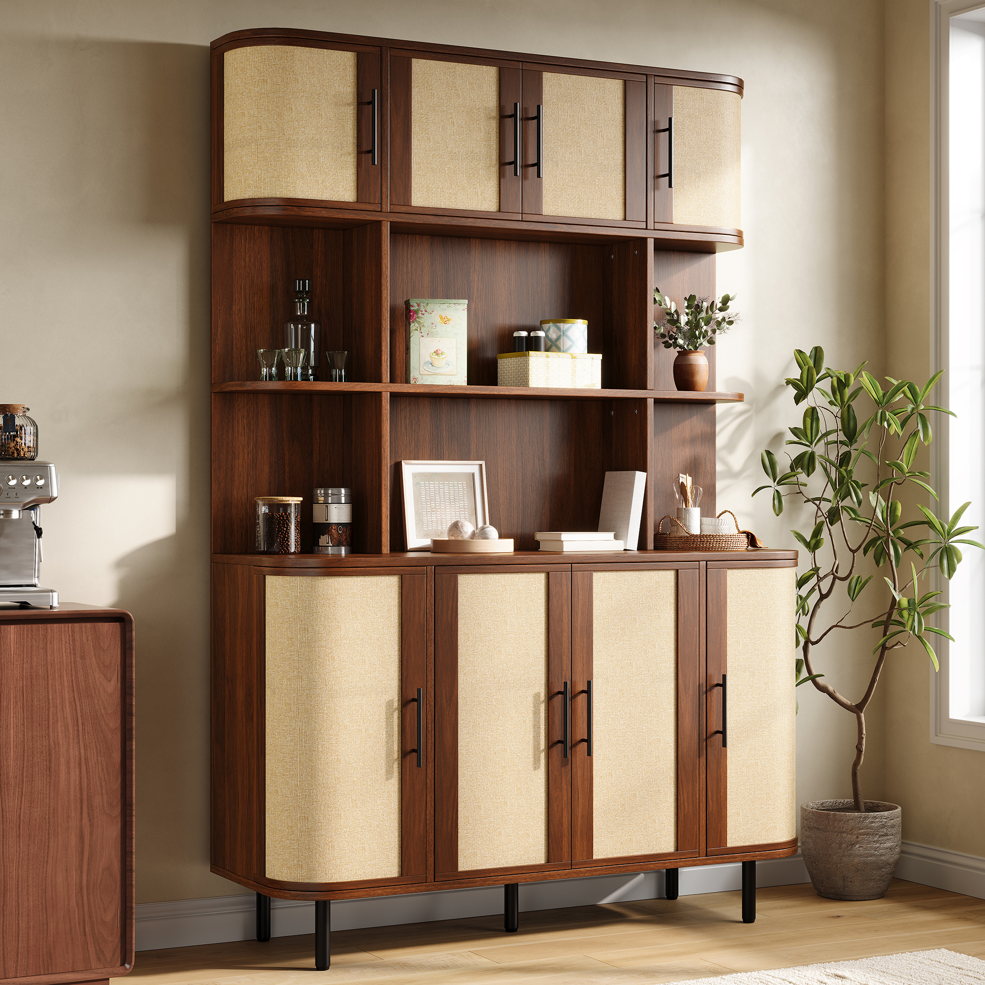 Buffet Moderne 8 Portes Meuble Rangement Panneau composite de fibres de bois à densité avec Pieds Métal Noir et Poignées Noires pour Salon ou Entrée 120x20x180 cm