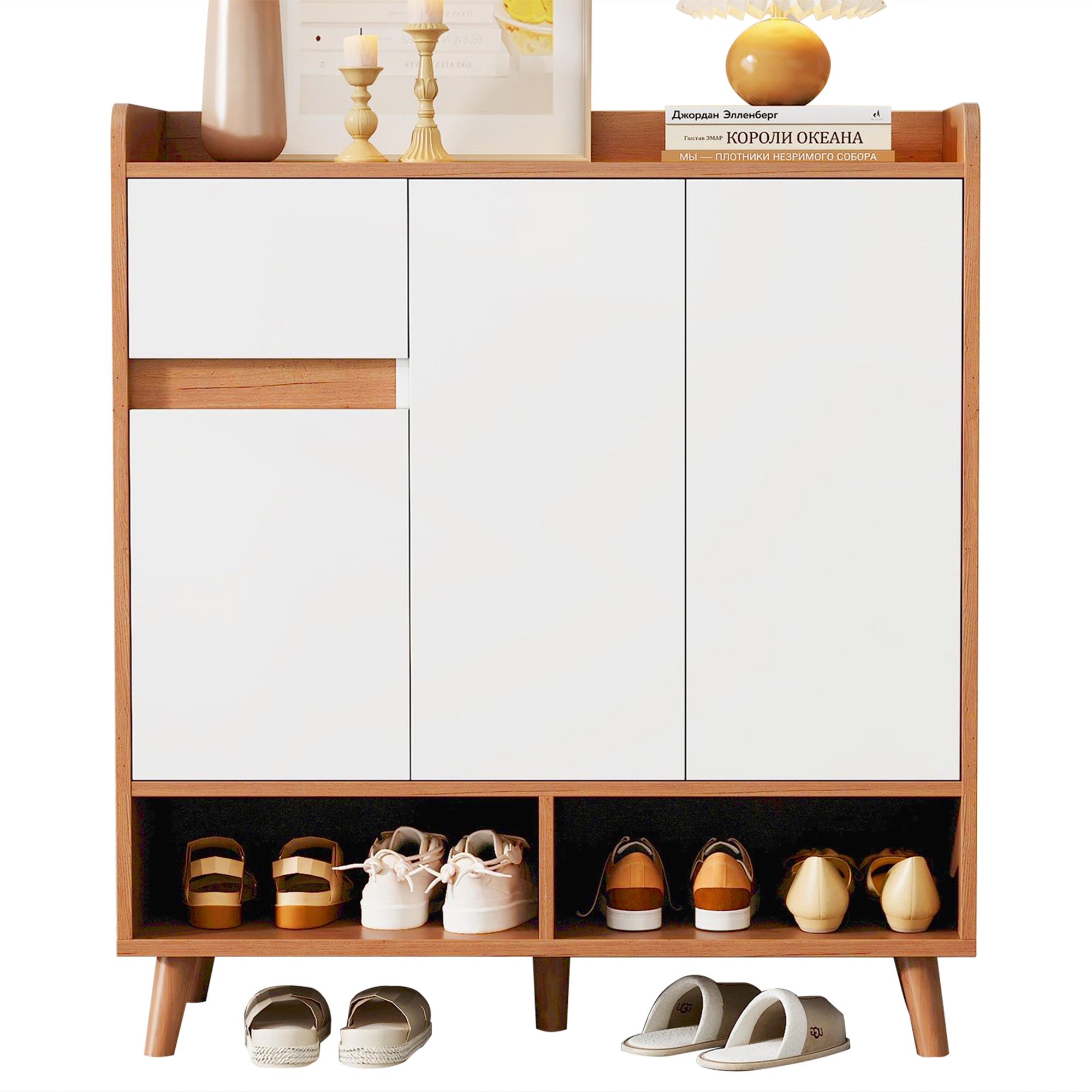 Meuble à chaussures, Panneau de Particules Blanc, Cinq Pieds Bois Massif, Étagères Réglables, Sans Poignées, 90x35x99 cm