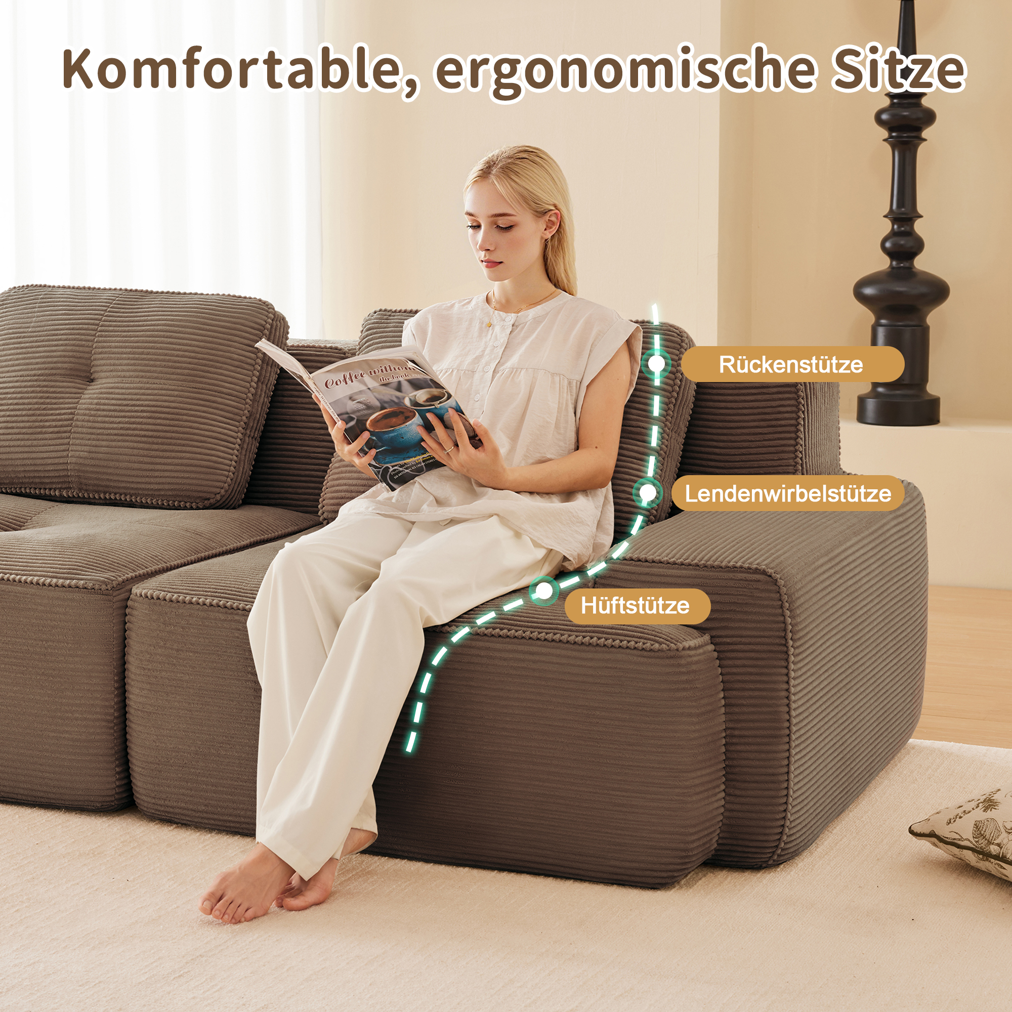 Canapé Droit Modulable Tissu Velours Côtelé Marron, Structure Stable avec Revêtement Résistant aux Griffes, Dimensions 382x104x69 cm