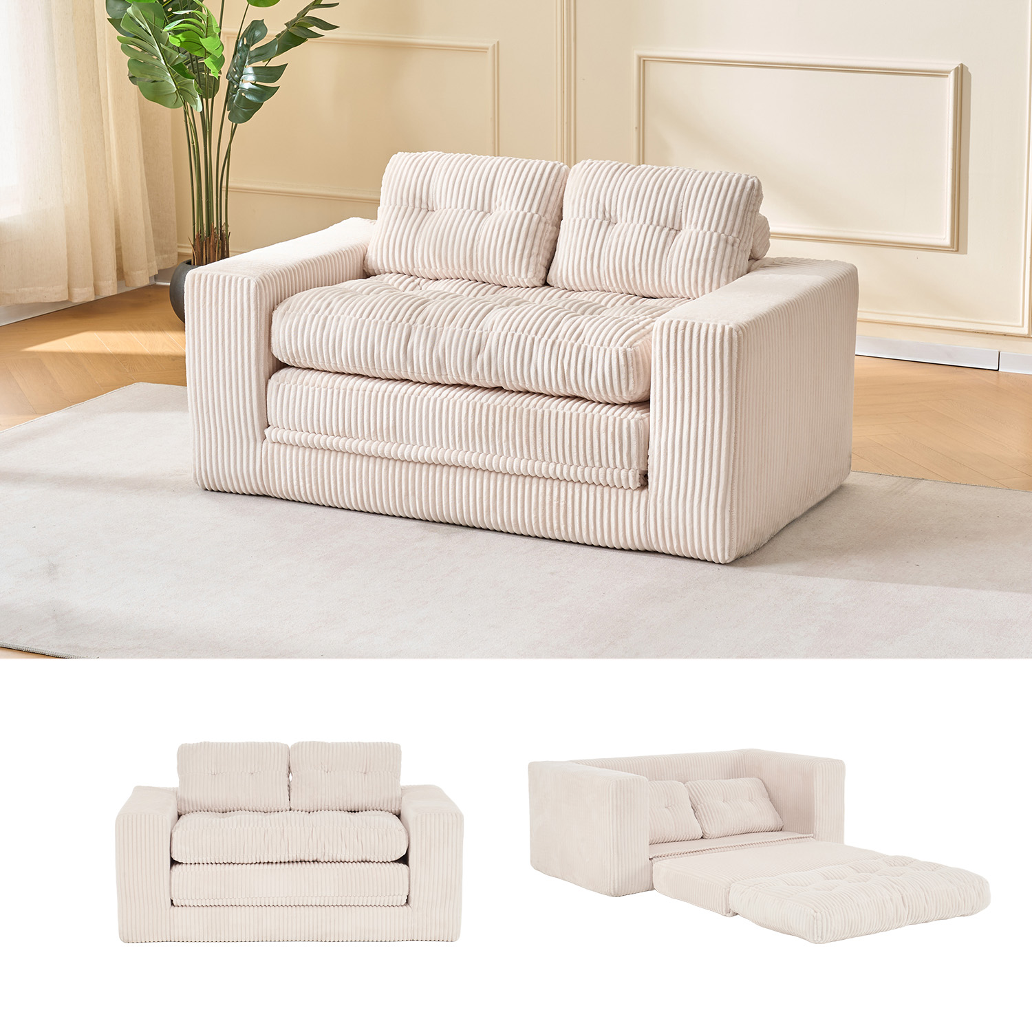 Canapé Convertible 2 Places Beige - Canapé-Lit Compact avec Tissu Cord et Rangement Intégré