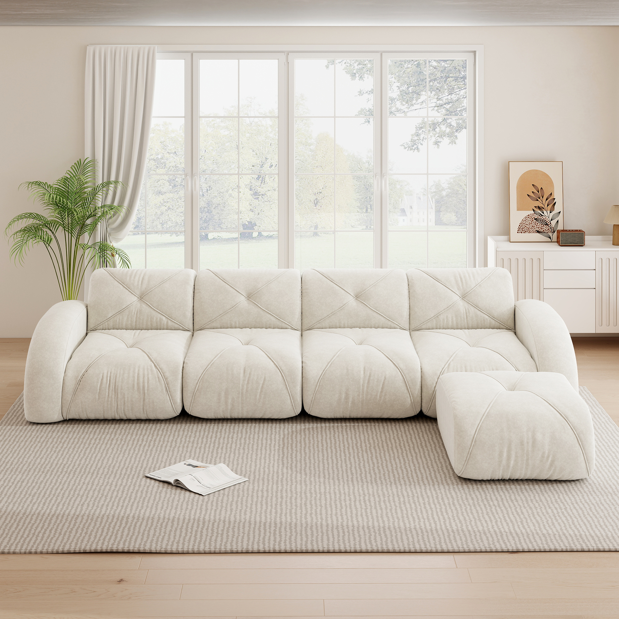 Fauteuil Canapé D'angle L Modulaire 4 Places En Chenille Beige Clair Avec Repose-Pieds Et Base Antidérapante Pour Salon Contemporain