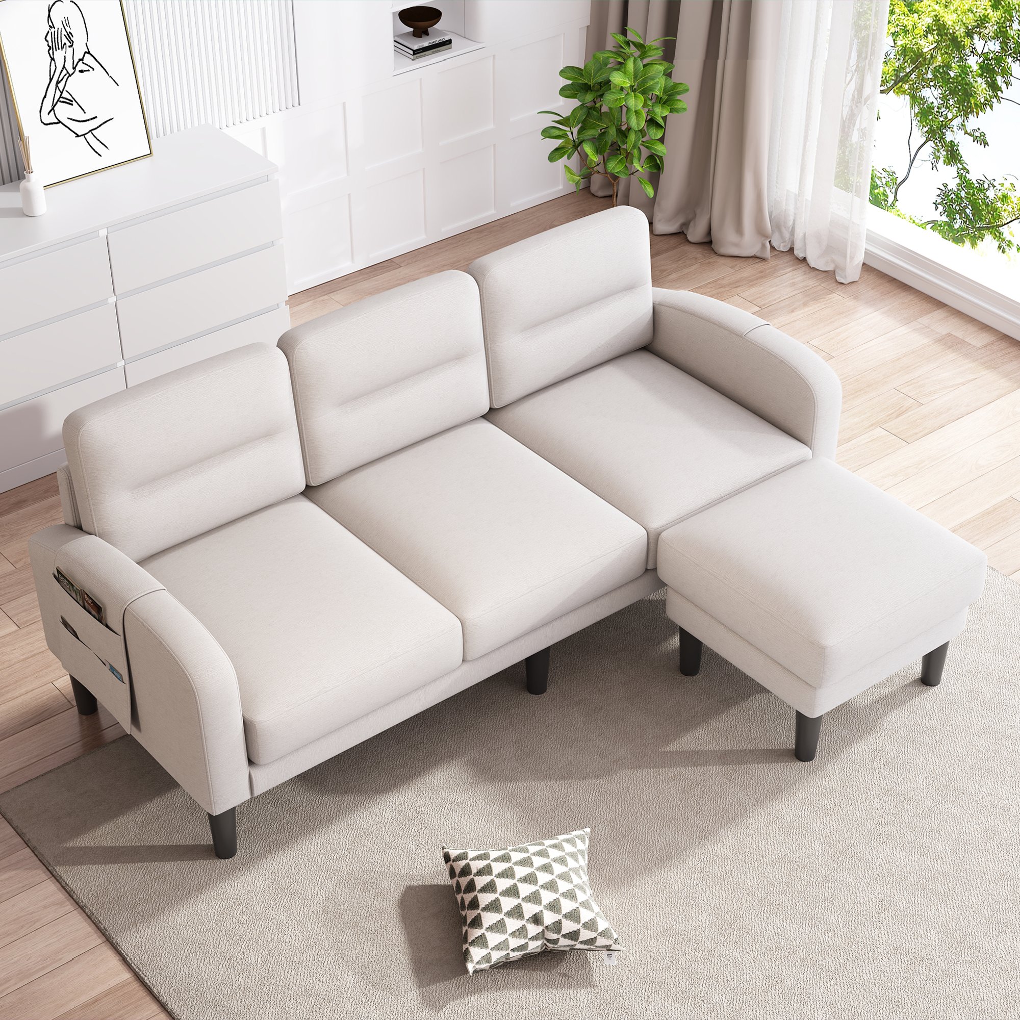 Canapé d'angle modulable avec poches de rangement sur les côtés, coussins amovibles lavables, structure stable à 10 pieds