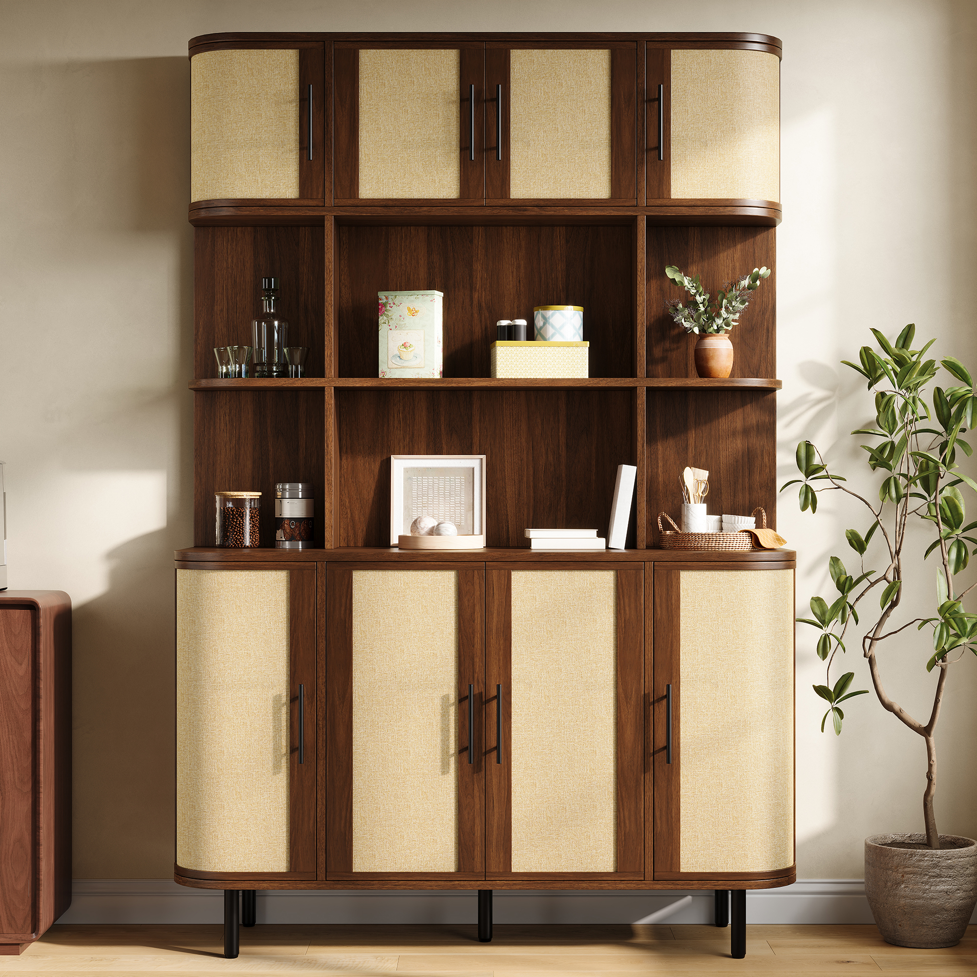 Buffet Moderne 8 Portes Meuble Rangement Panneau composite de fibres de bois à densité avec Pieds Métal Noir et Poignées Noires pour Salon ou Entrée 120x20x180 cm