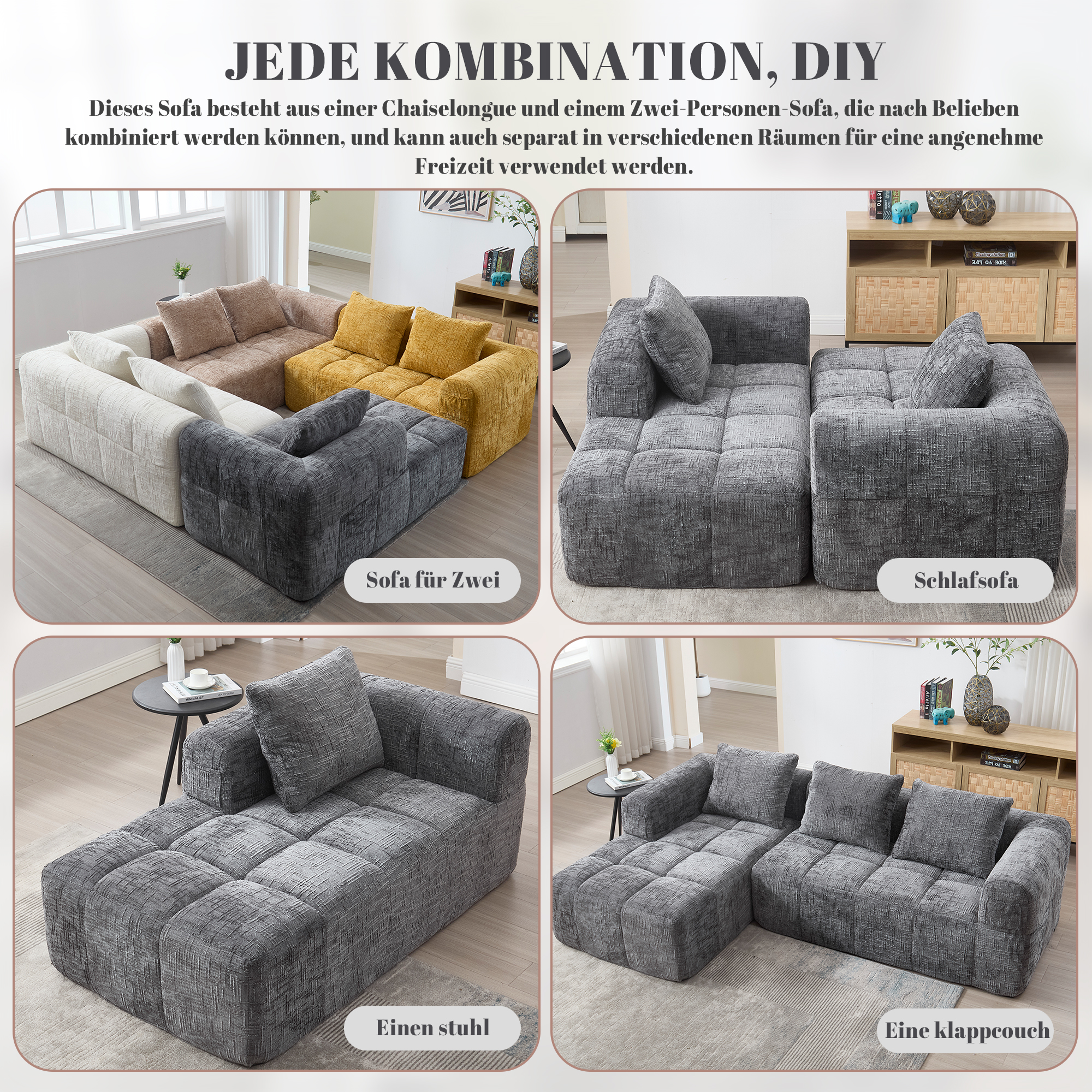 Canapé 3 places en chenille gris, structure rembourrée mousse haute densité avec méridienne et 3 coussins