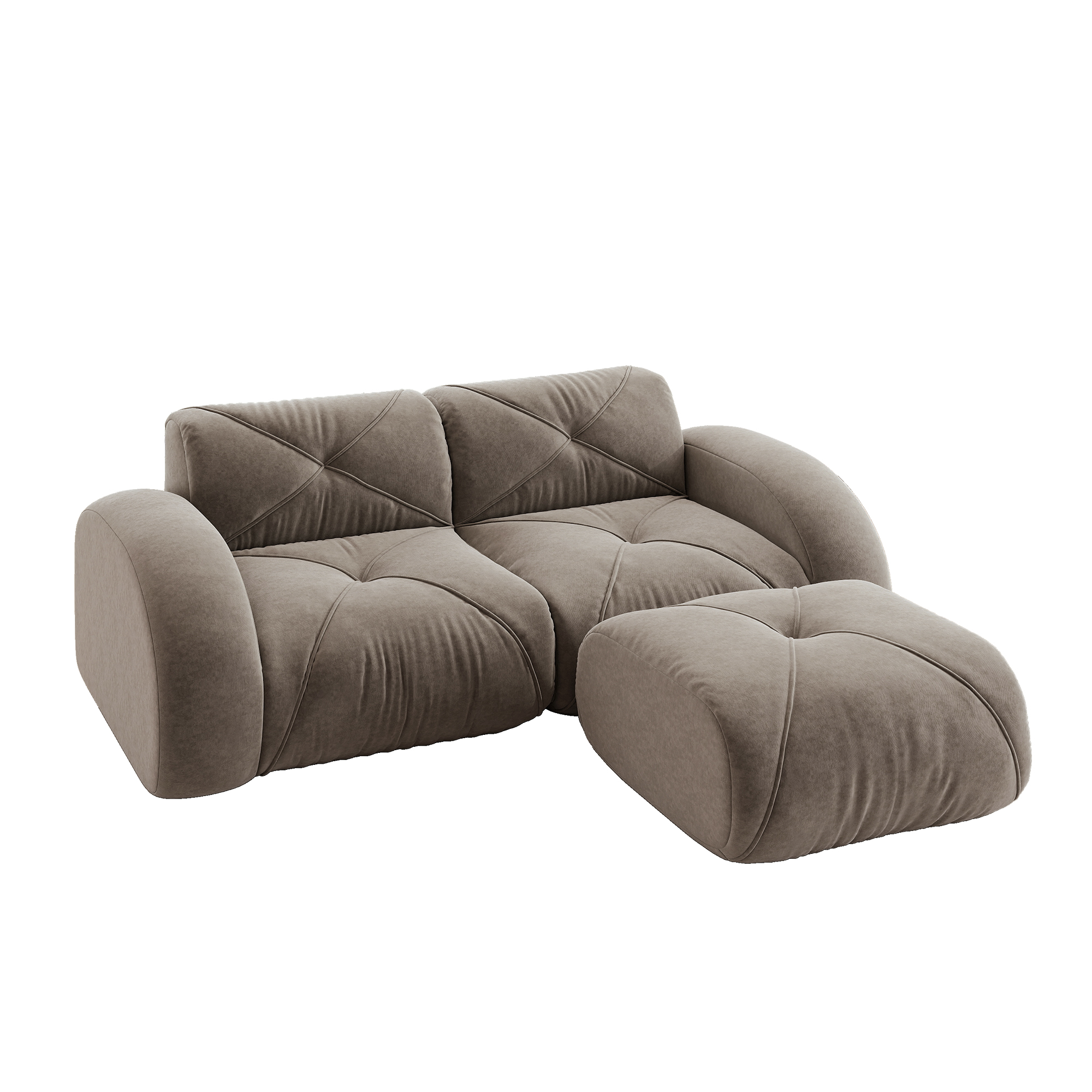 Canapé modulable 2 places avec pouf, revêtement en tissu Chenille taupe, structure stable et confortable pour salon contemporain