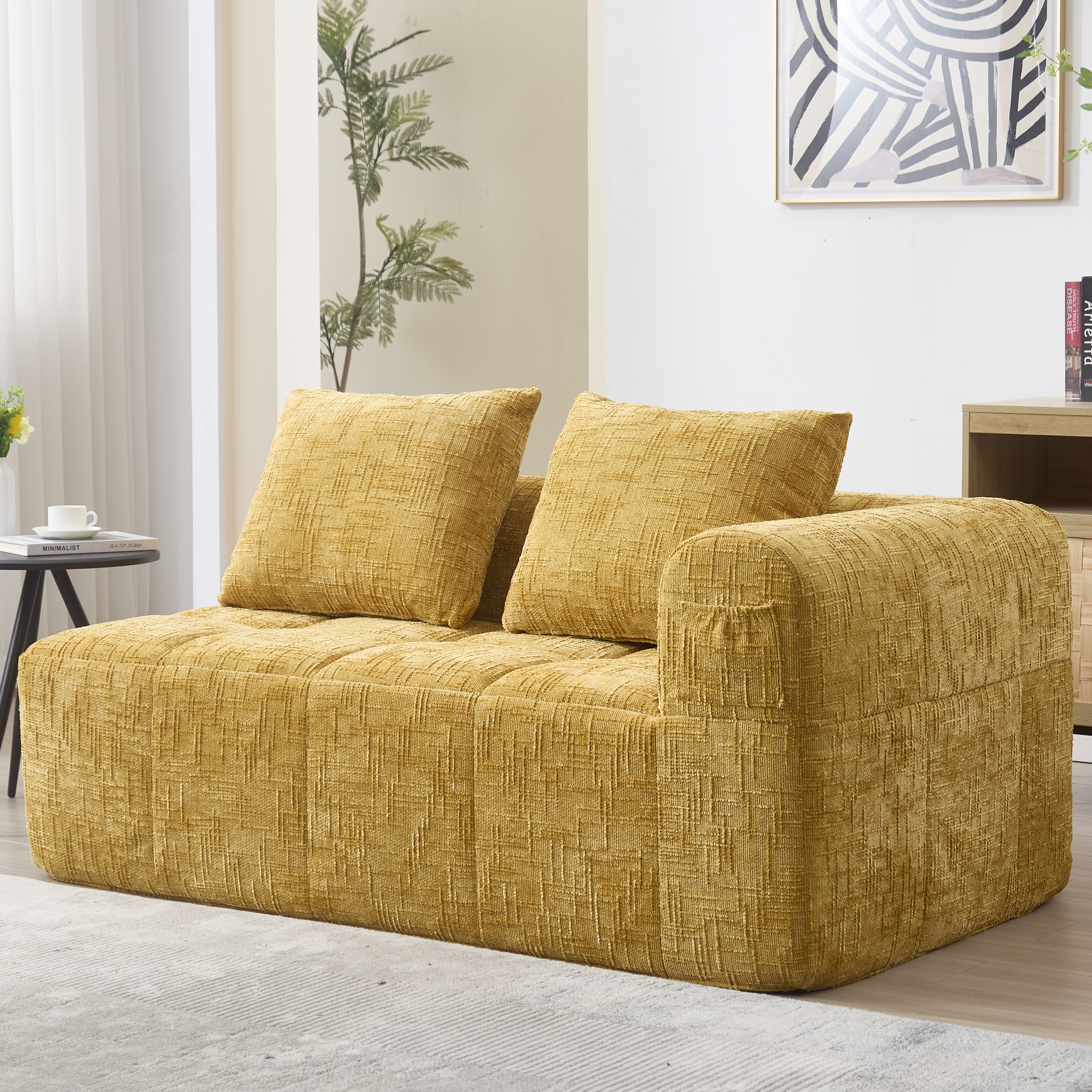 Canapé 2 places en chenille jaune, structure mousse et ressorts rapides, coussin et poches latérales inclus