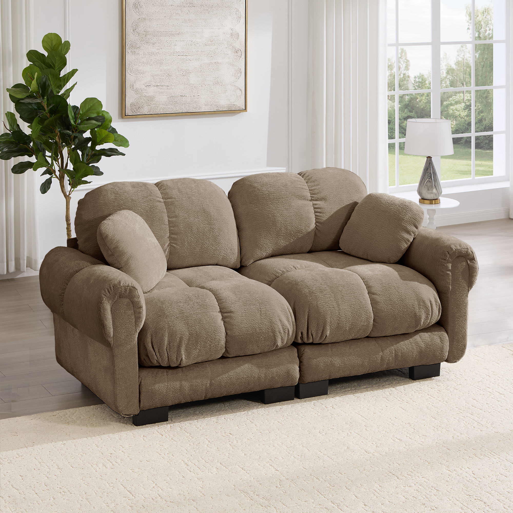 Canapé Modulable 2 Places en Tissu Chenille Marron, Design Élégant avec Coussins Rembourrés Ergonomiques pour Salon Contemporain