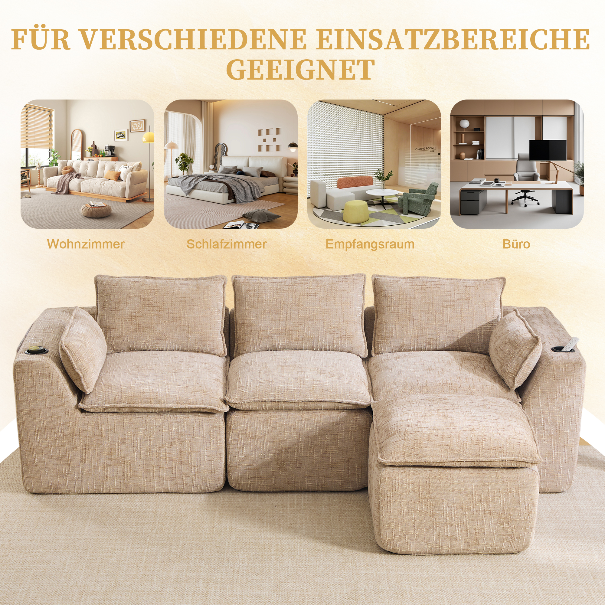Canapé modulable 3 places en chenille kaki avec pouf, coussins, porte-gobelets et poches latérales
