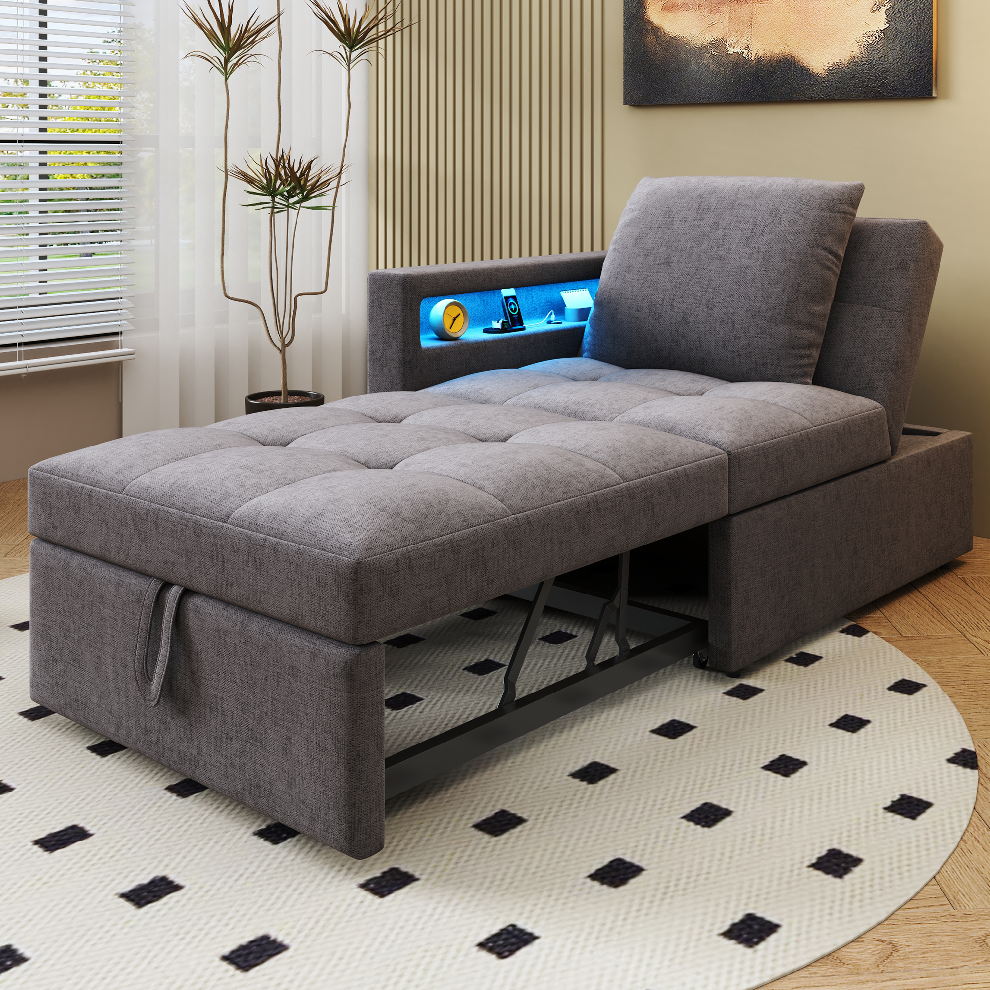 Lit avec rangement rembourré en tissu lin, structure métal, contreplaqué et Panneau composite de fibres de bois à densité, LED et USB intégrés
