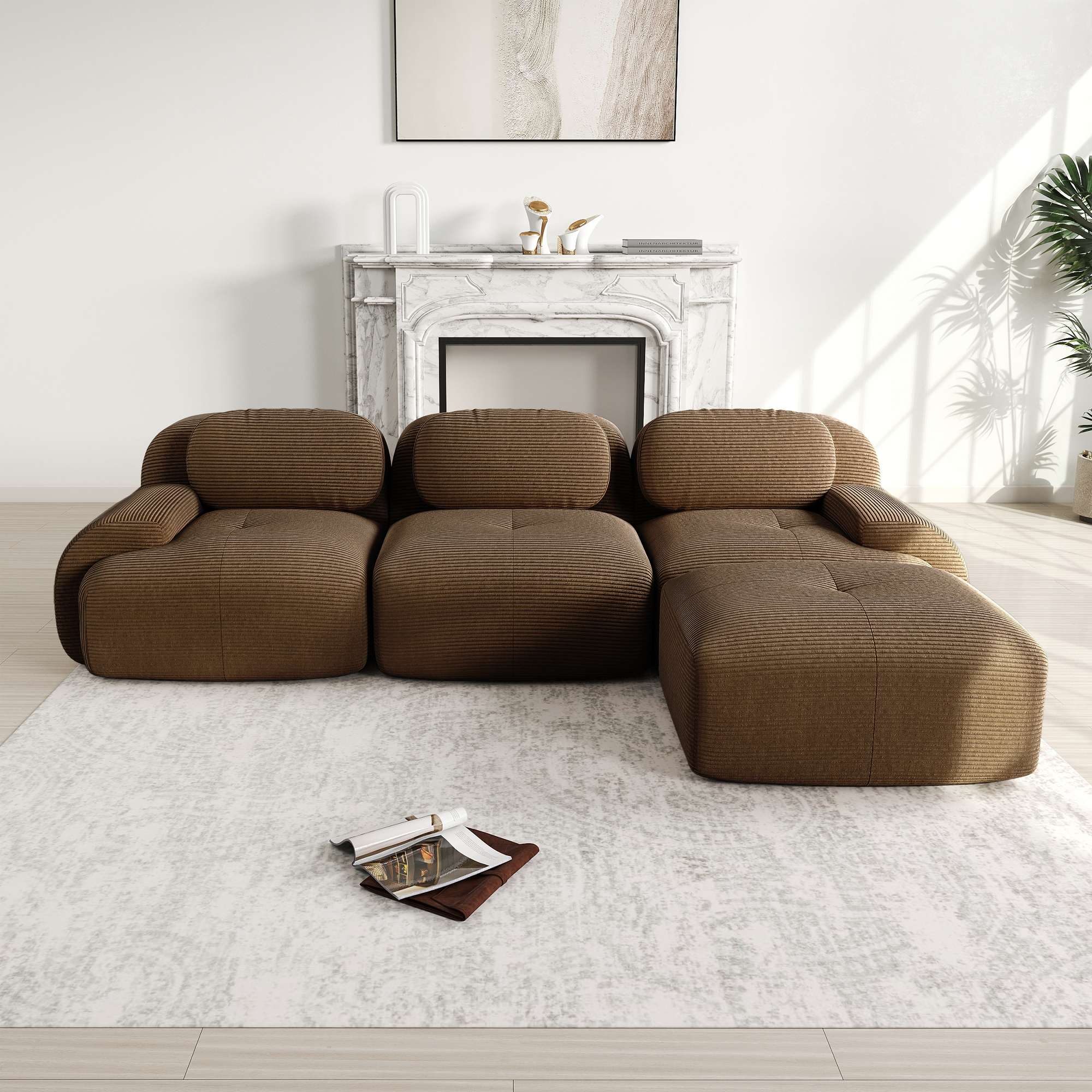 Canapé d'angle 298x178x70 cm, 4 places, modulable sans montage, velours côtelé marron, accoudoirs larges