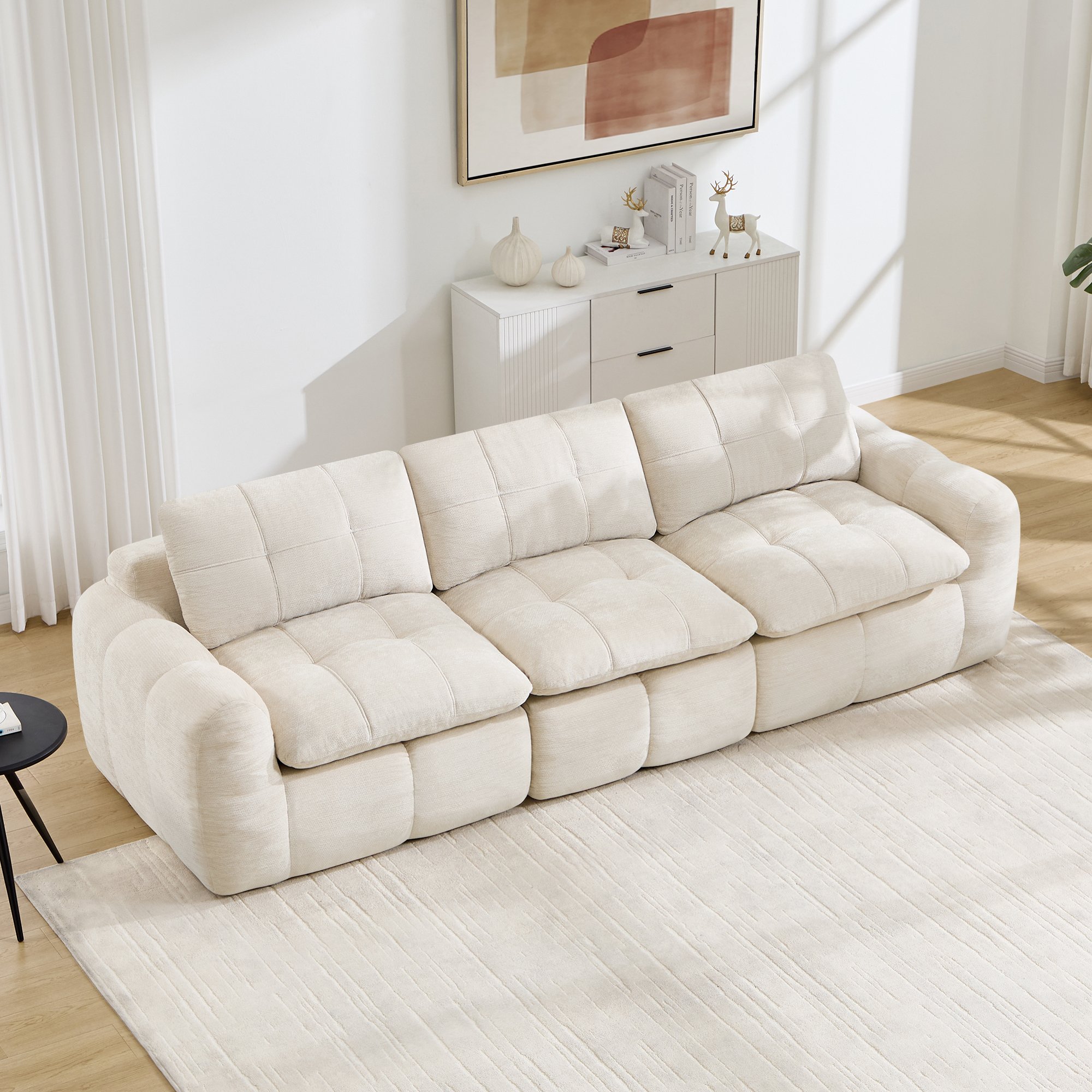 Canapé modulable 3 places beige en tissu chenille, design quadrillé sans cadre, coussins épais confort nuageux, dimensions 264x97x68 cm, idéal salon moderne