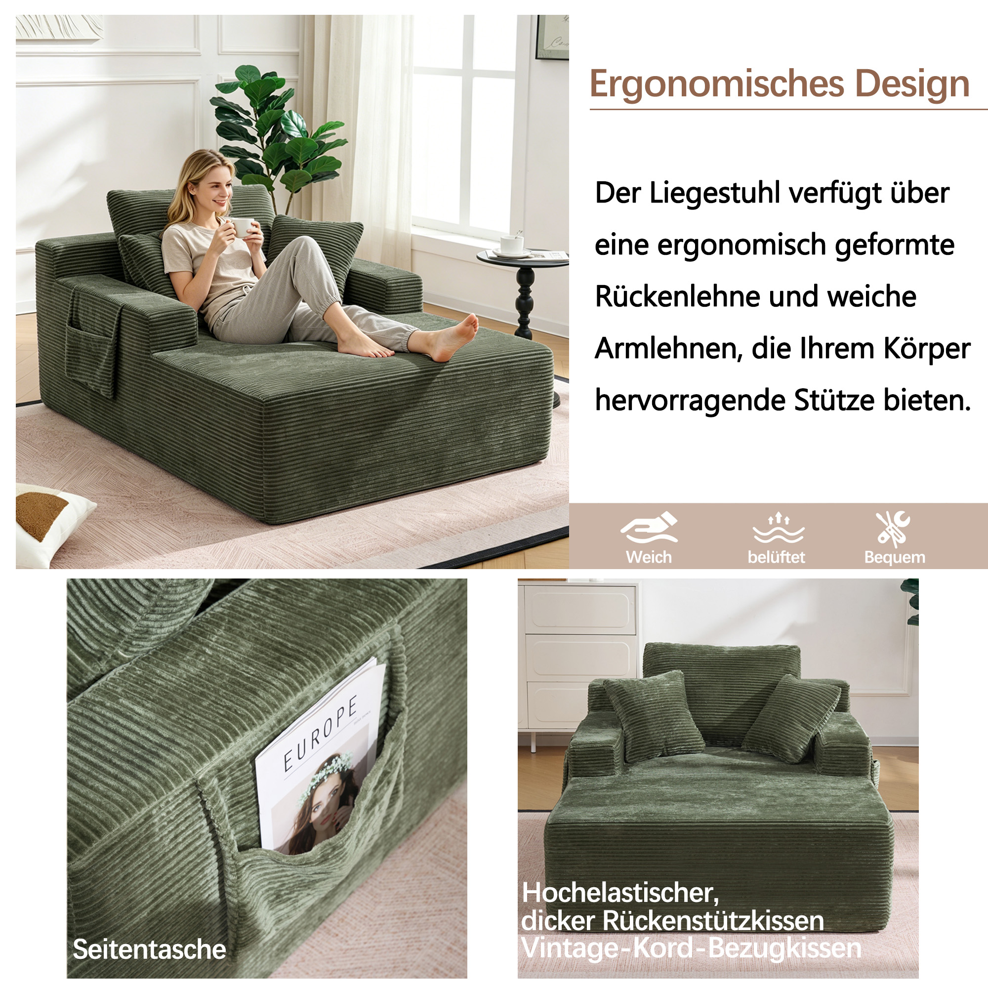 Canapé droit en tissu côtelé vert, structure stable avec mousse haute densité et ressorts, design rétro moderne pour salon ou bureau