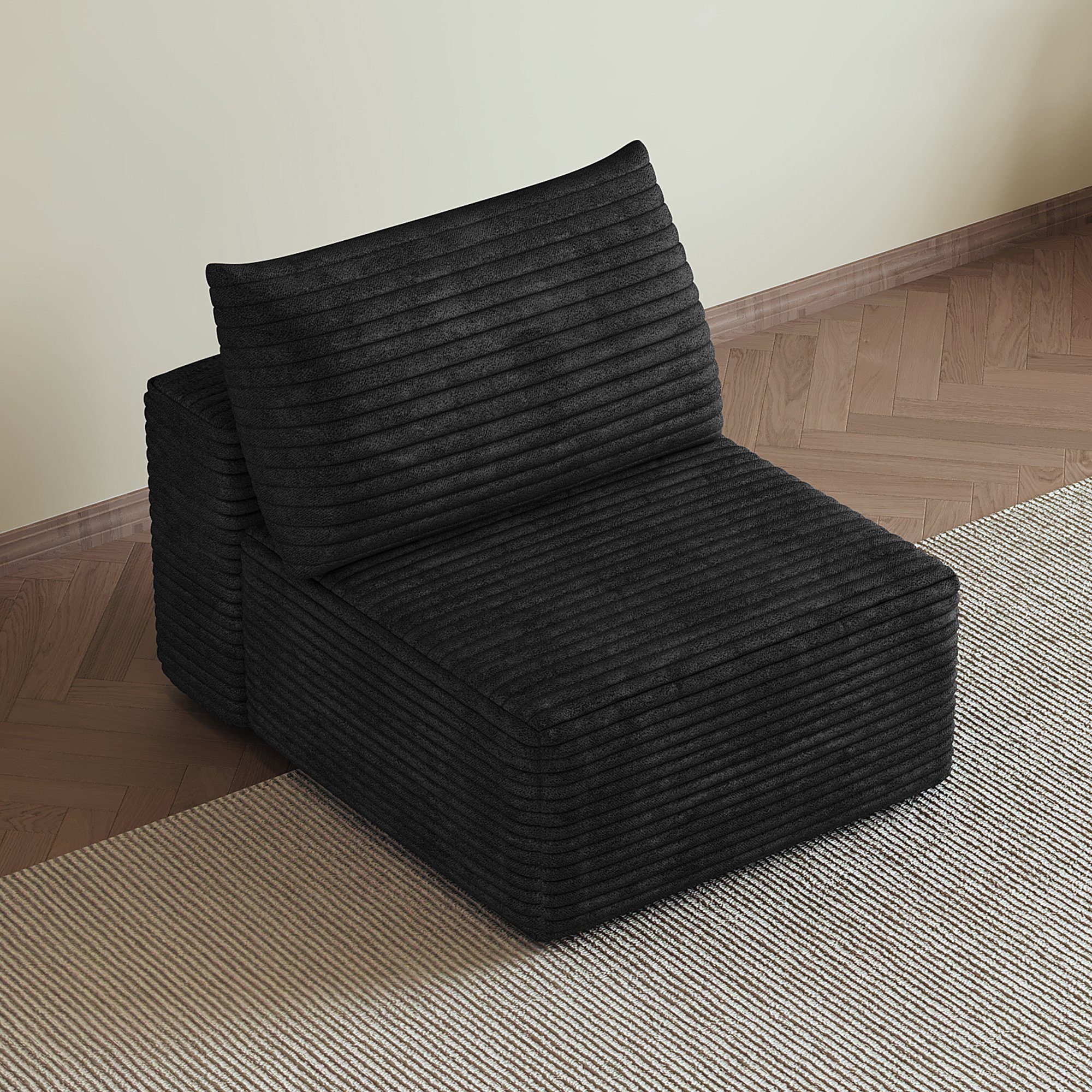 Canapé une place velours côtelé noir sans montage, effet nuage confortable, format compact 70x95x83 cm pour intérieur moderne