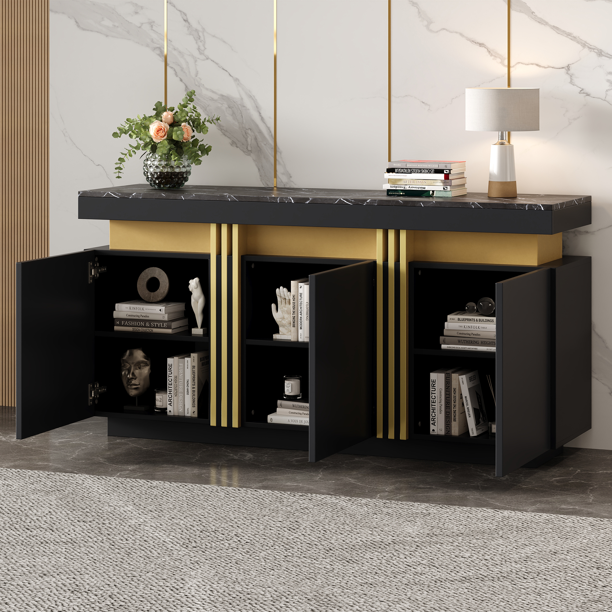 Buffet Salle à Manger Noir 140x38x70 cm, Meuble Bas 3 Portes avec Rangements Modulaires et Plateforme Supérieure pour Décoration