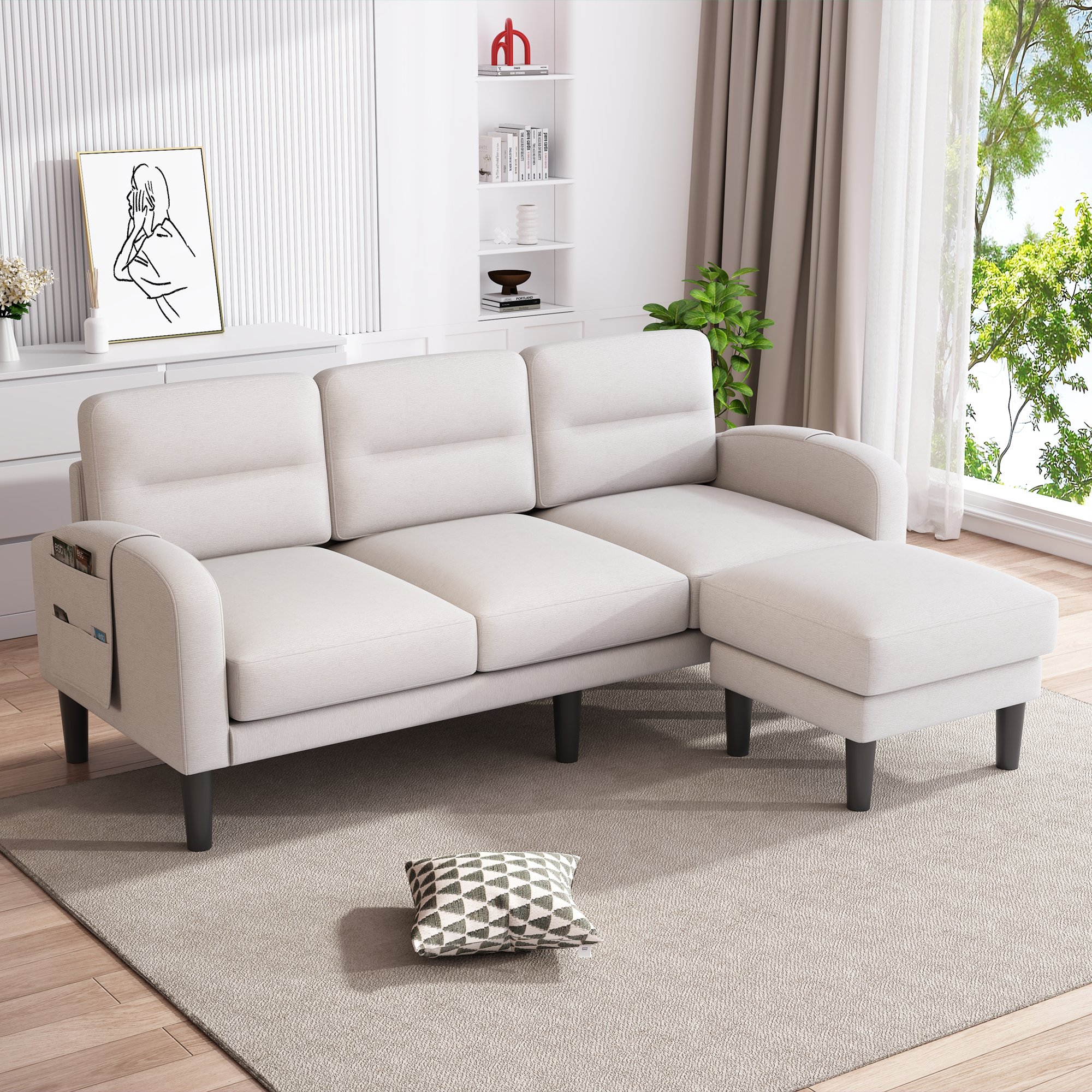Canapé d'angle modulable avec poches de rangement sur les côtés, coussins amovibles lavables, structure stable à 10 pieds