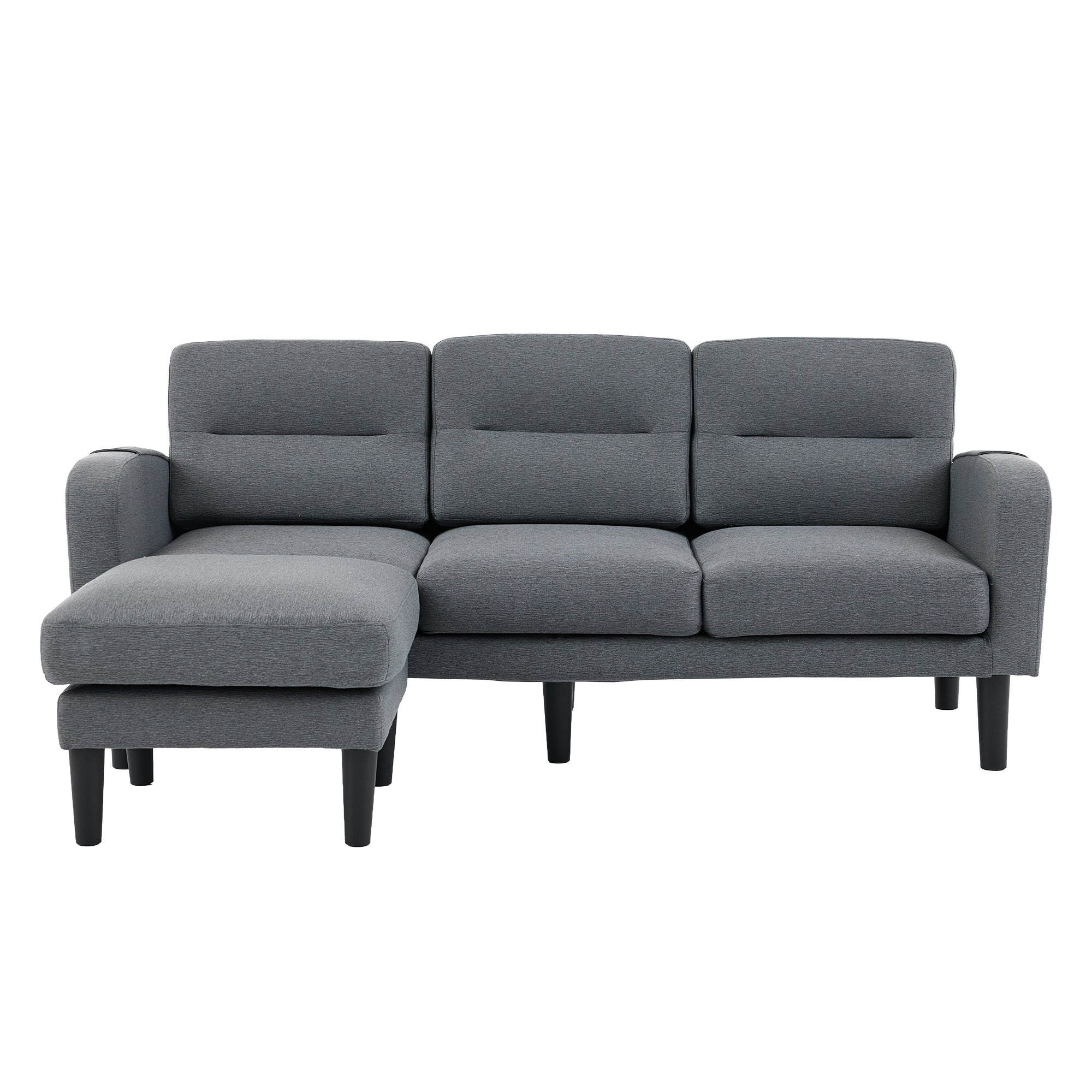 Canapé d'angle 3 places gris en tissu avec méridienne, poches latérales et coussins amovibles, dimensions 204x136x80 cm pour le salon