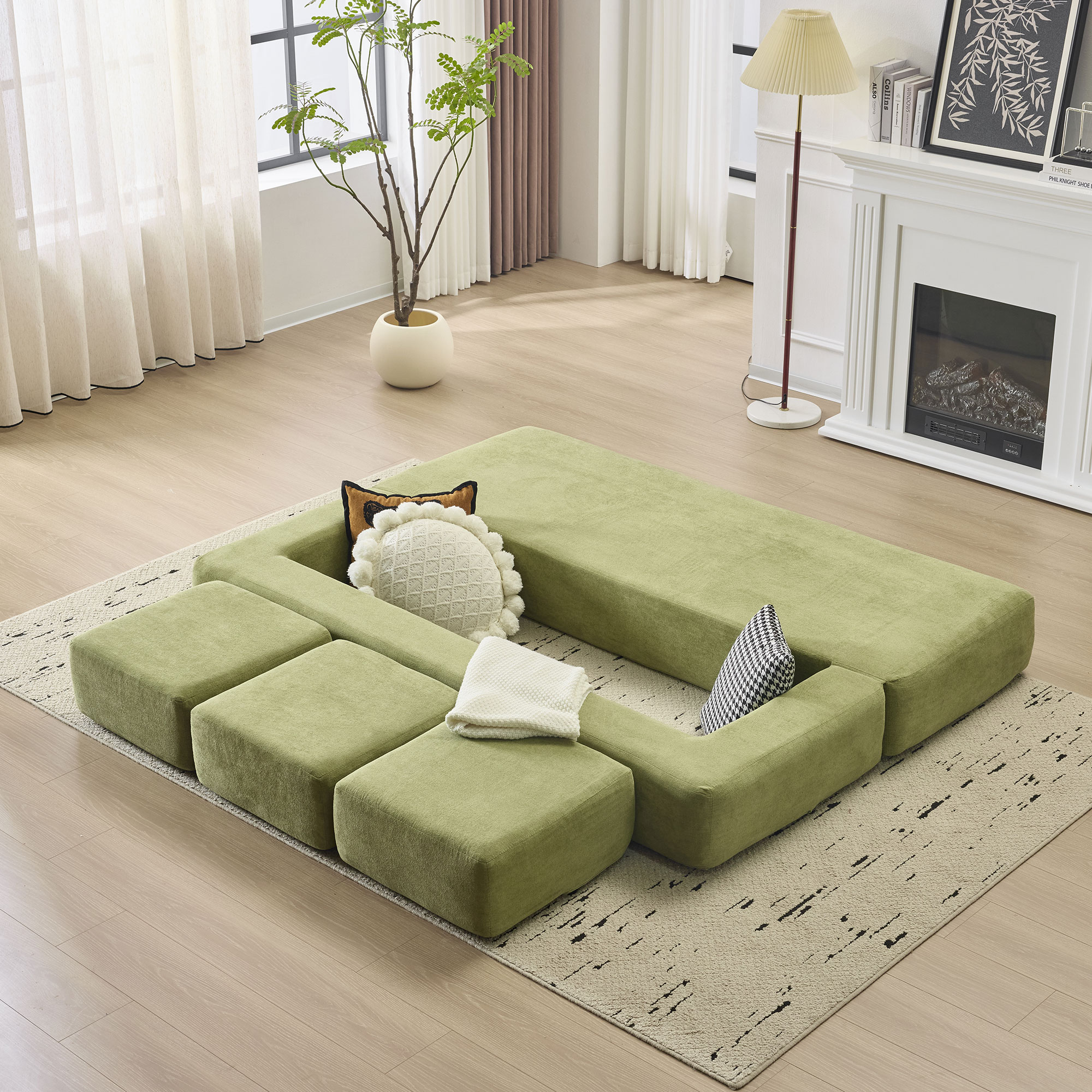 Canapé modulable chenille vert 201x75cm - Canapé lit multifonction avec housse amovible pour studio et bureau