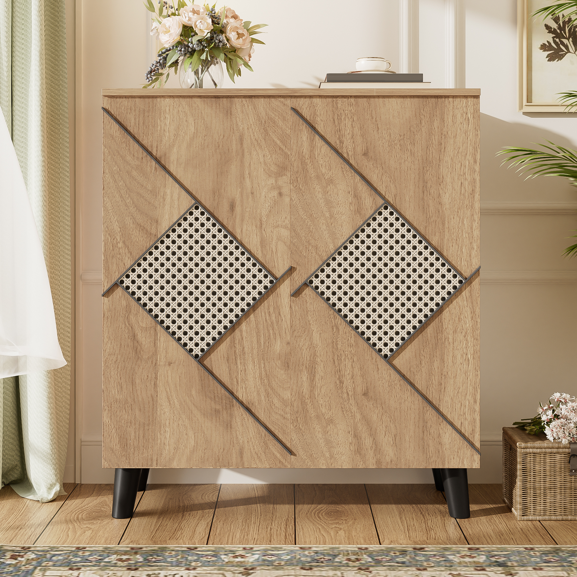 Meuble à chaussures design moderne avec motif rotin, armoire de rangement pour chaussures en panneau de particules, couleur bois, dimensions 80x32x91 cm