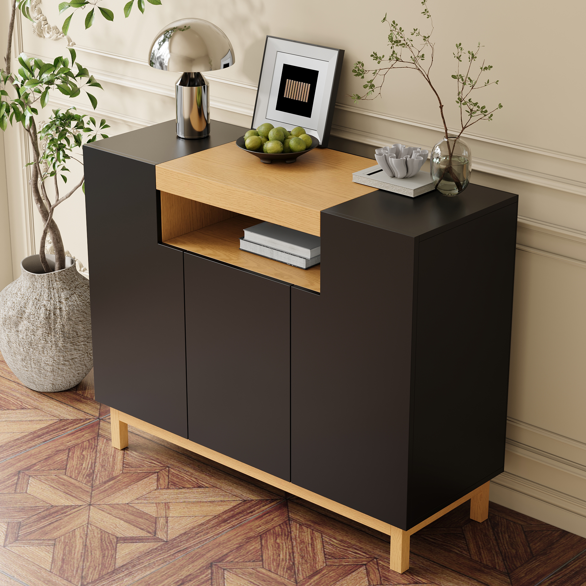 Buffet Noir 3 Portes Meuble Rangement Moderne avec Étagère Ouverte Centrale pour Salon et Entrée