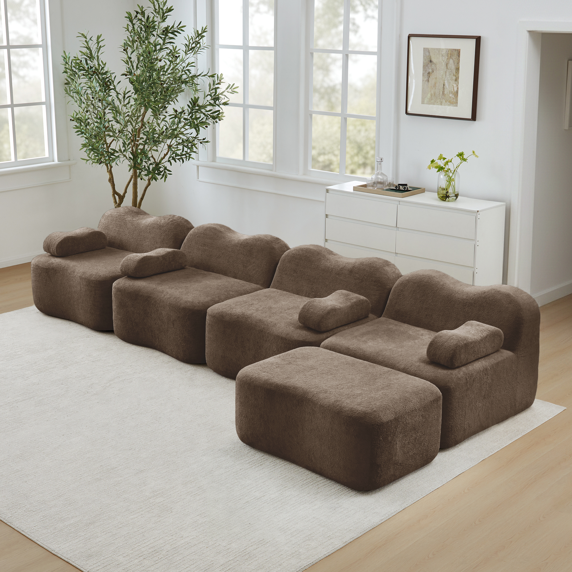 Canapé d'angle modulable 4 places avec coffres de rangement intégrés et ottoman, structure sans dossier pour salon moderne